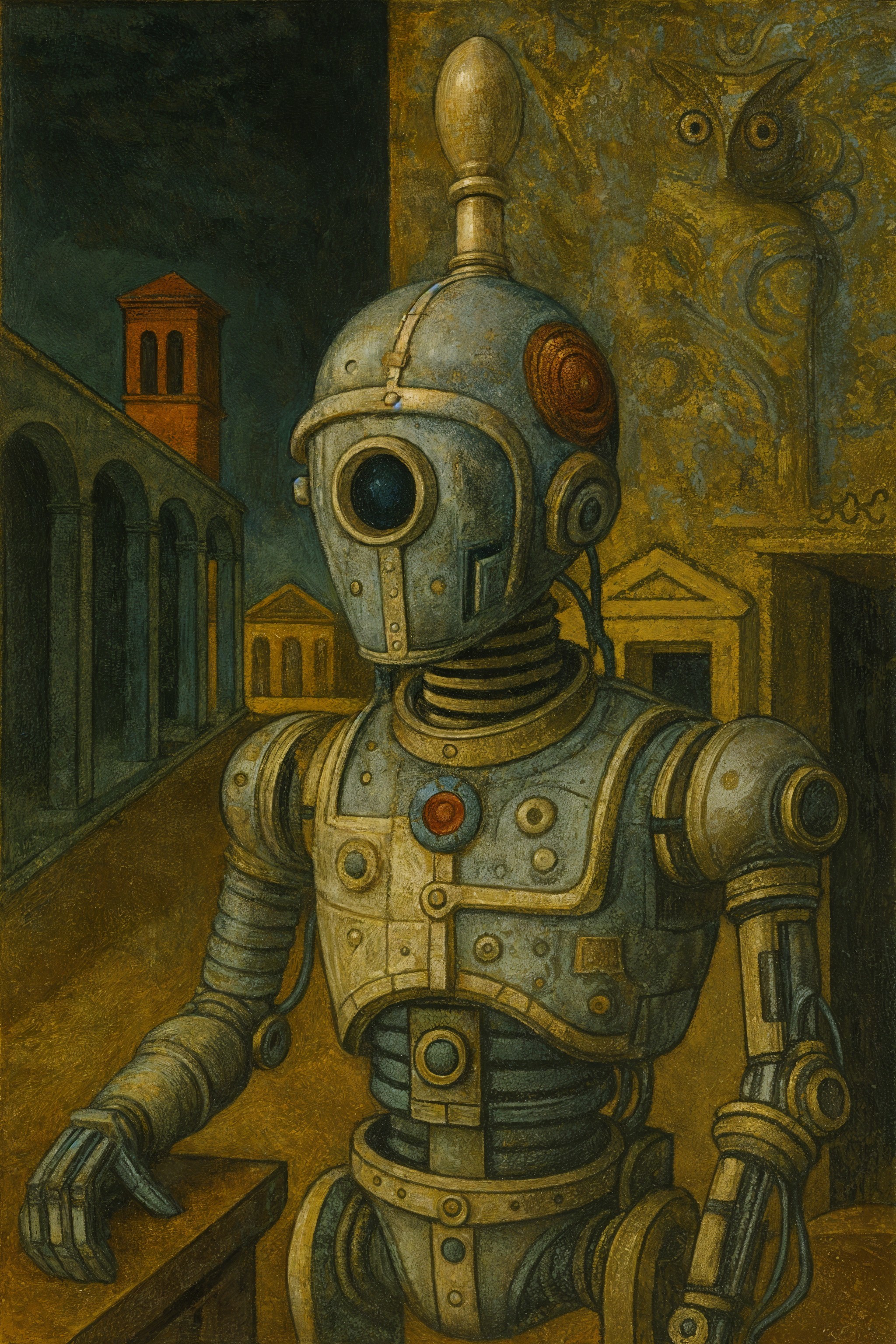 Humanoid Robot in Surreal, Dimly Lit Environment