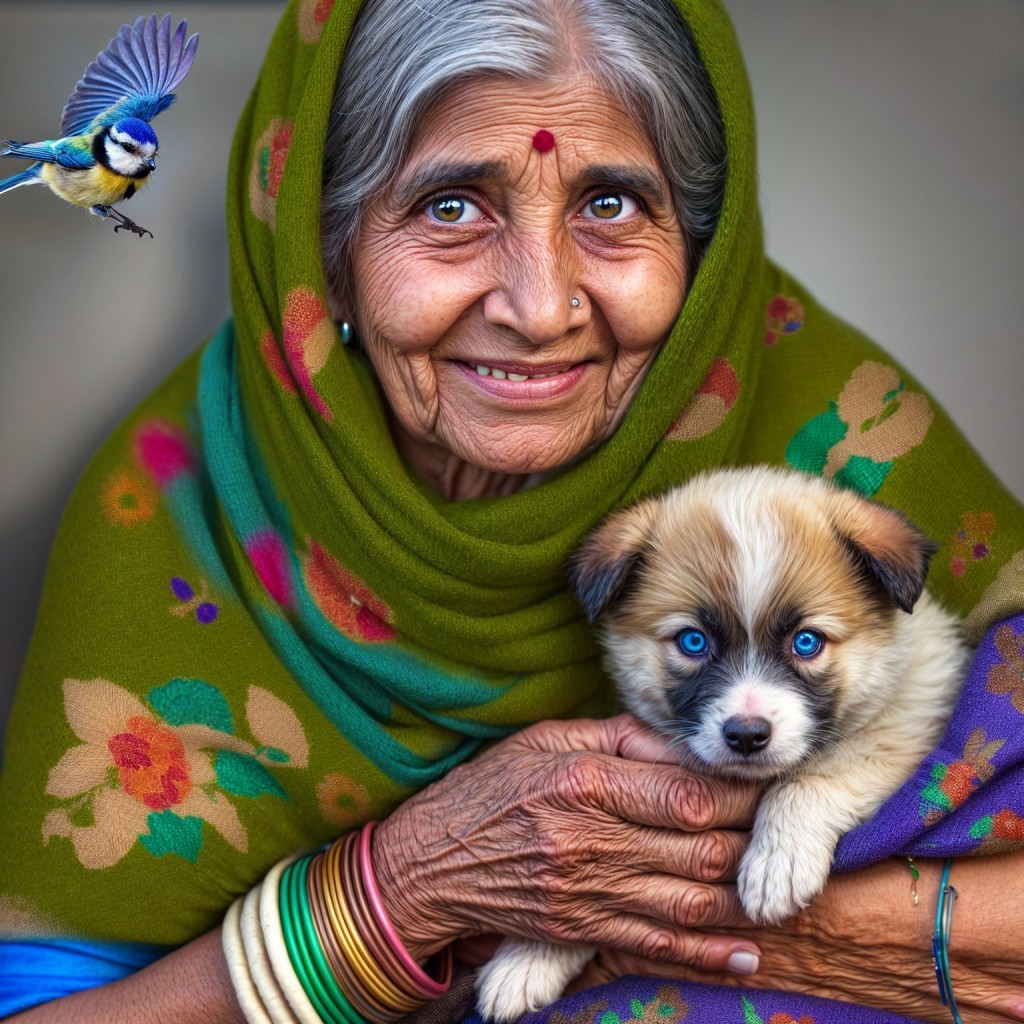 Elderly Woman with Puppy and Bluebird in Serene Setting