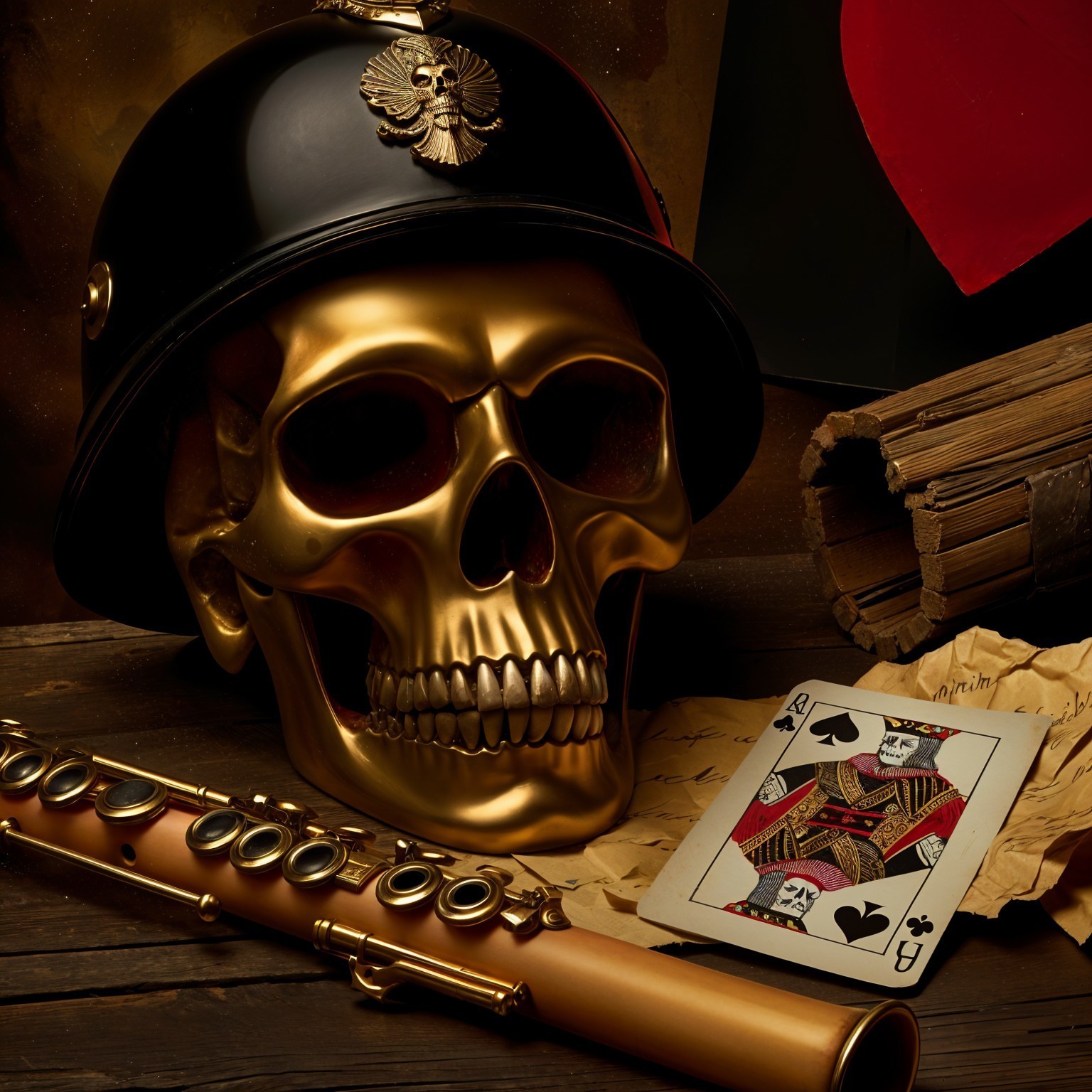 Gold Skull and Vintage Helmet with Playing Card Elements