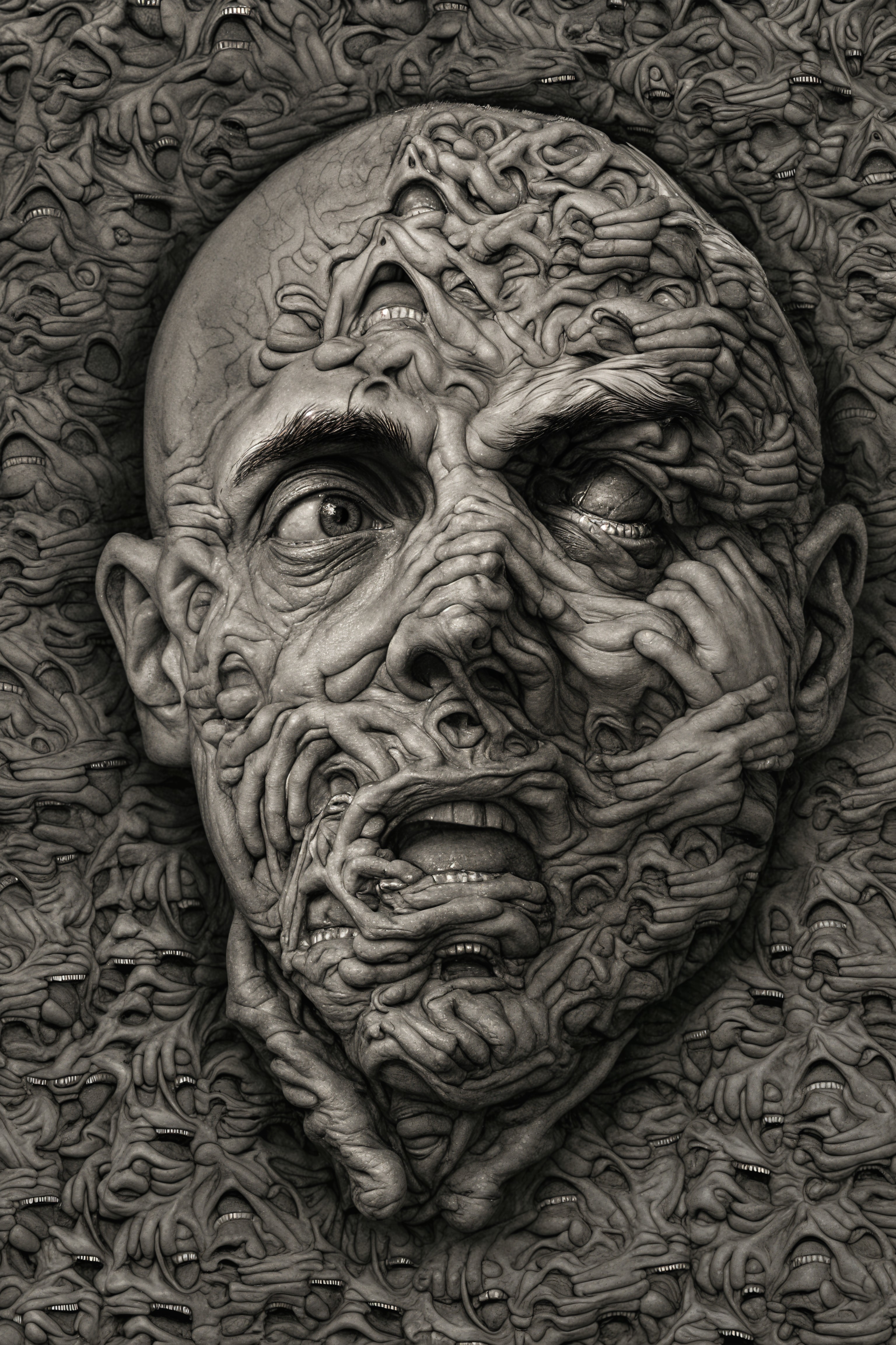 Surreal Textured Face Among Chaotic Grotesque Forms