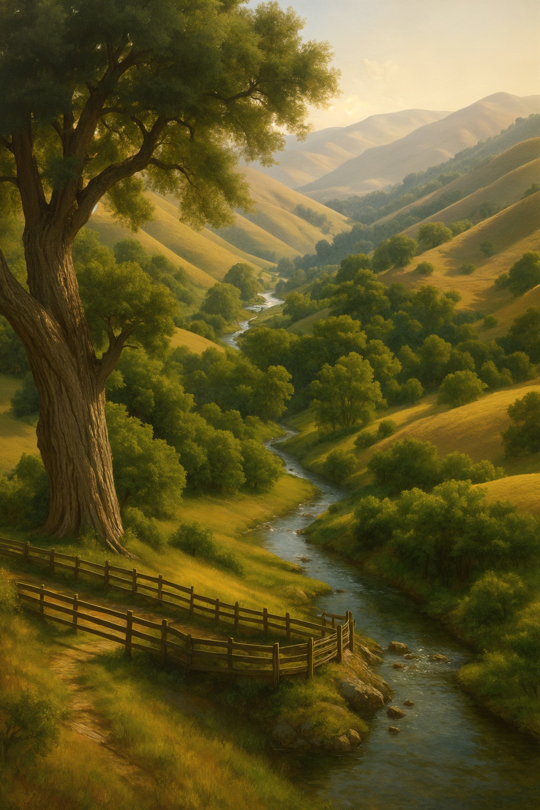 Serene Landscape with Rolling Hills and Stream