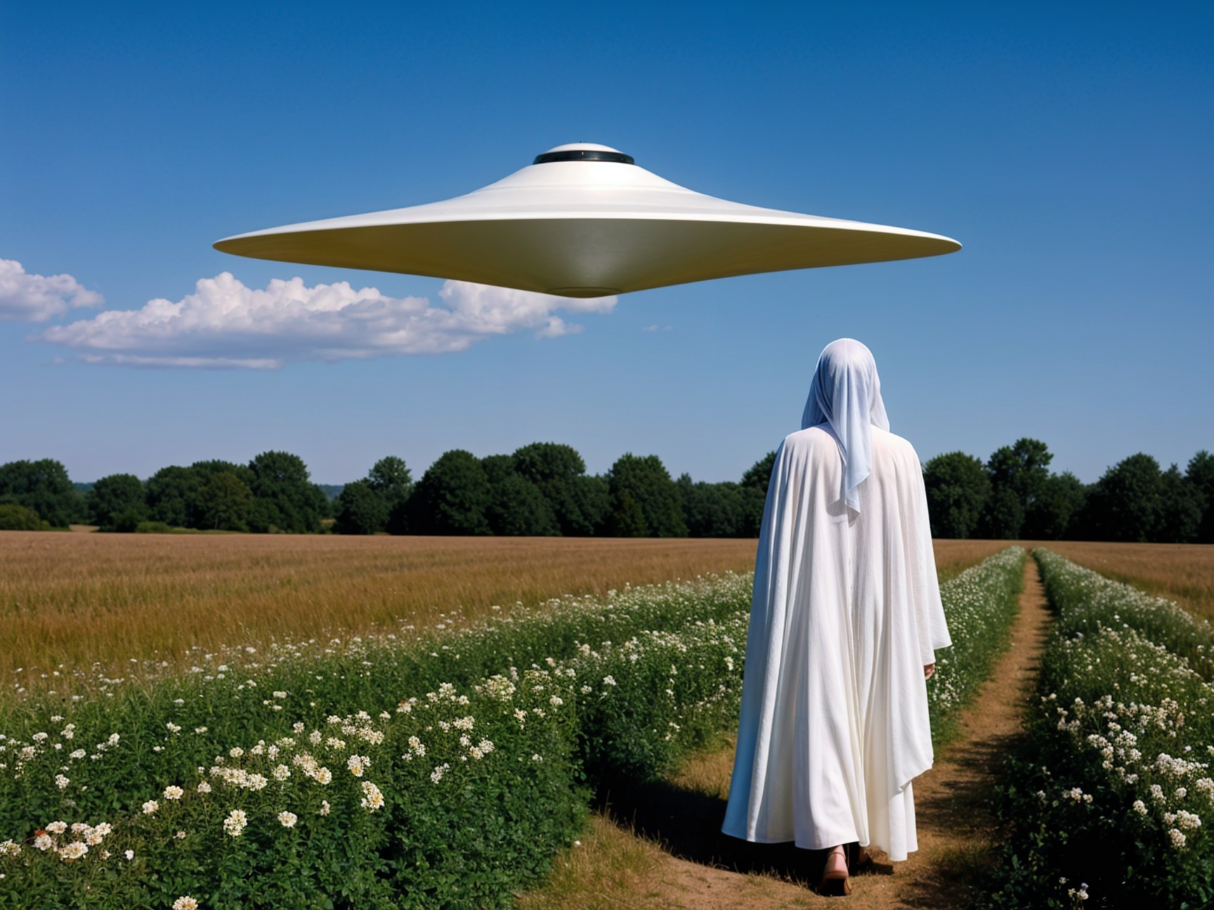Mysterious Figure in Cloak with UFO Over Flower Field