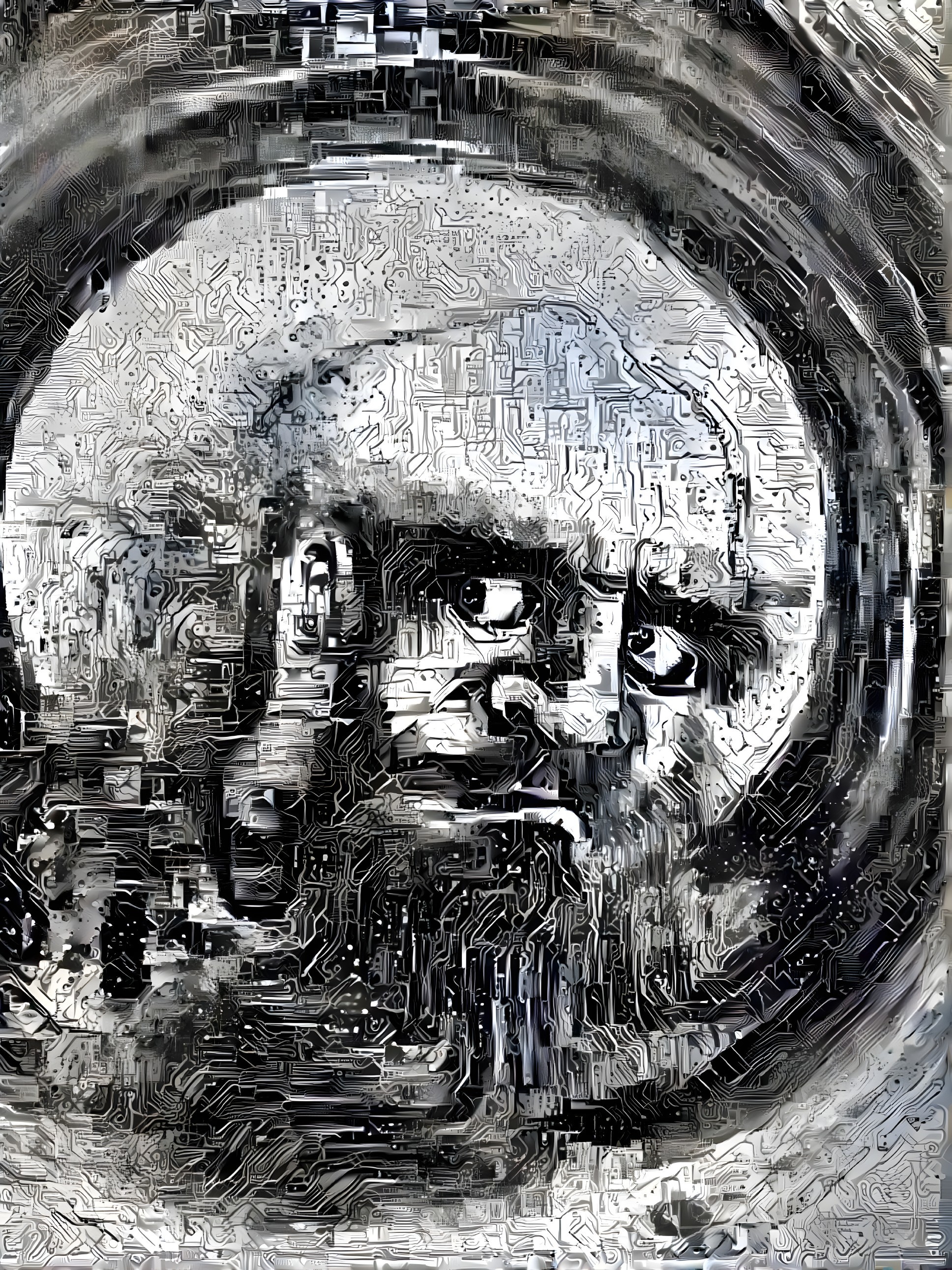 Abstract Portrait of an Elderly Man in Circuitry Patterns