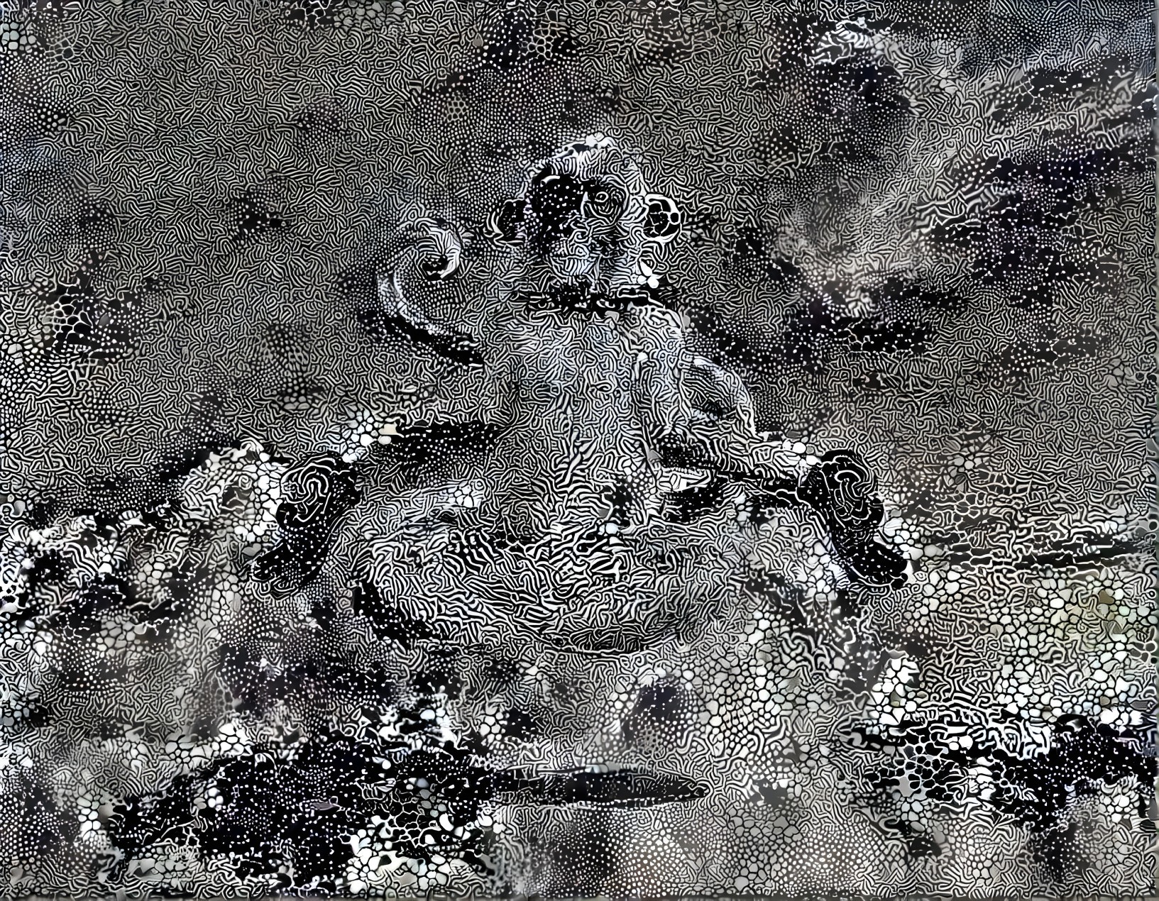 Intricate Black-and-White Meditative Figure Artwork