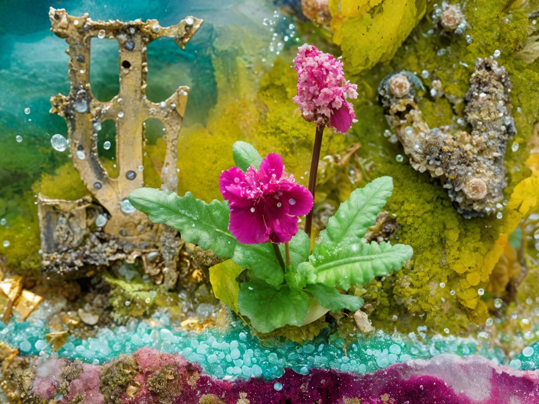 Vibrant Pink Flower Against Colorful Textured Backgrounds