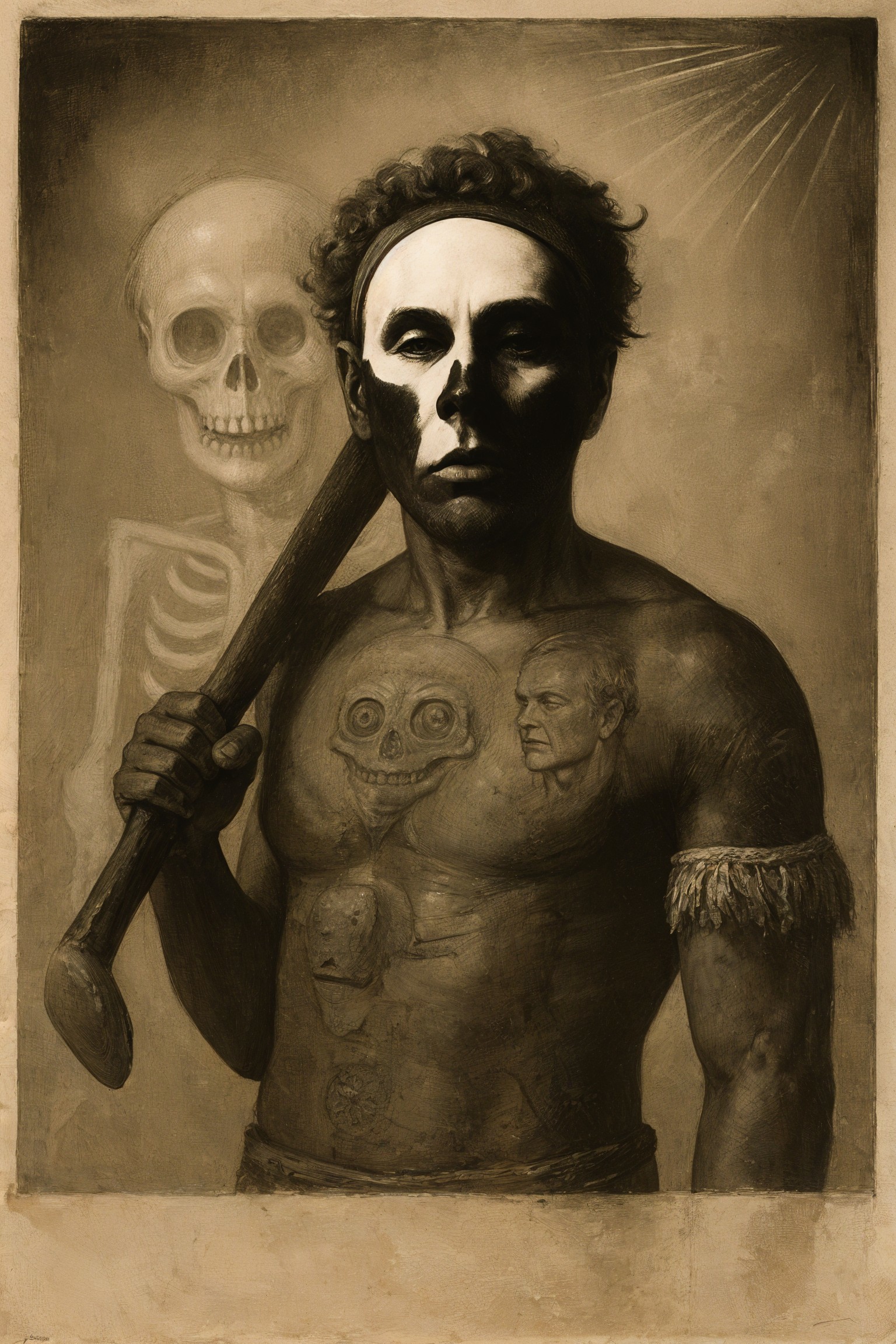 Powerful figure with painted face and tattoos holding club