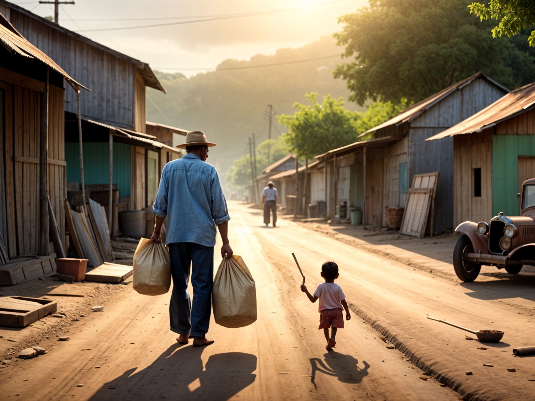 Man with bags walking on a dusty village road