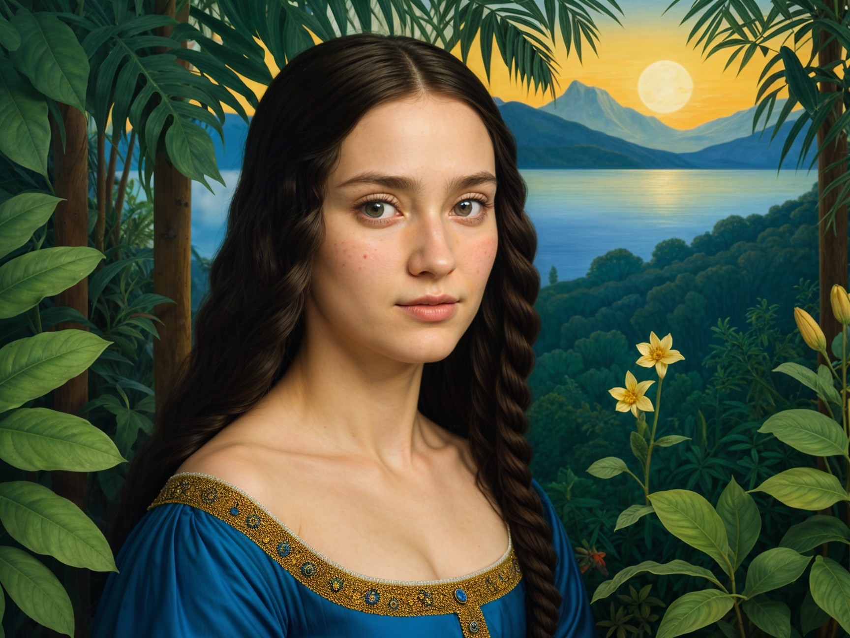 Young woman in blue dress among tropical foliage