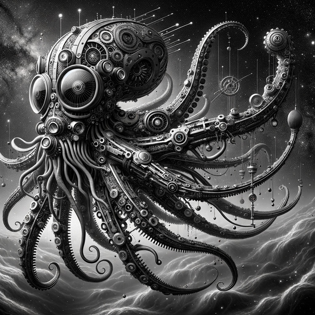 Mechanical Octopus in Cosmic Monochrome Scene