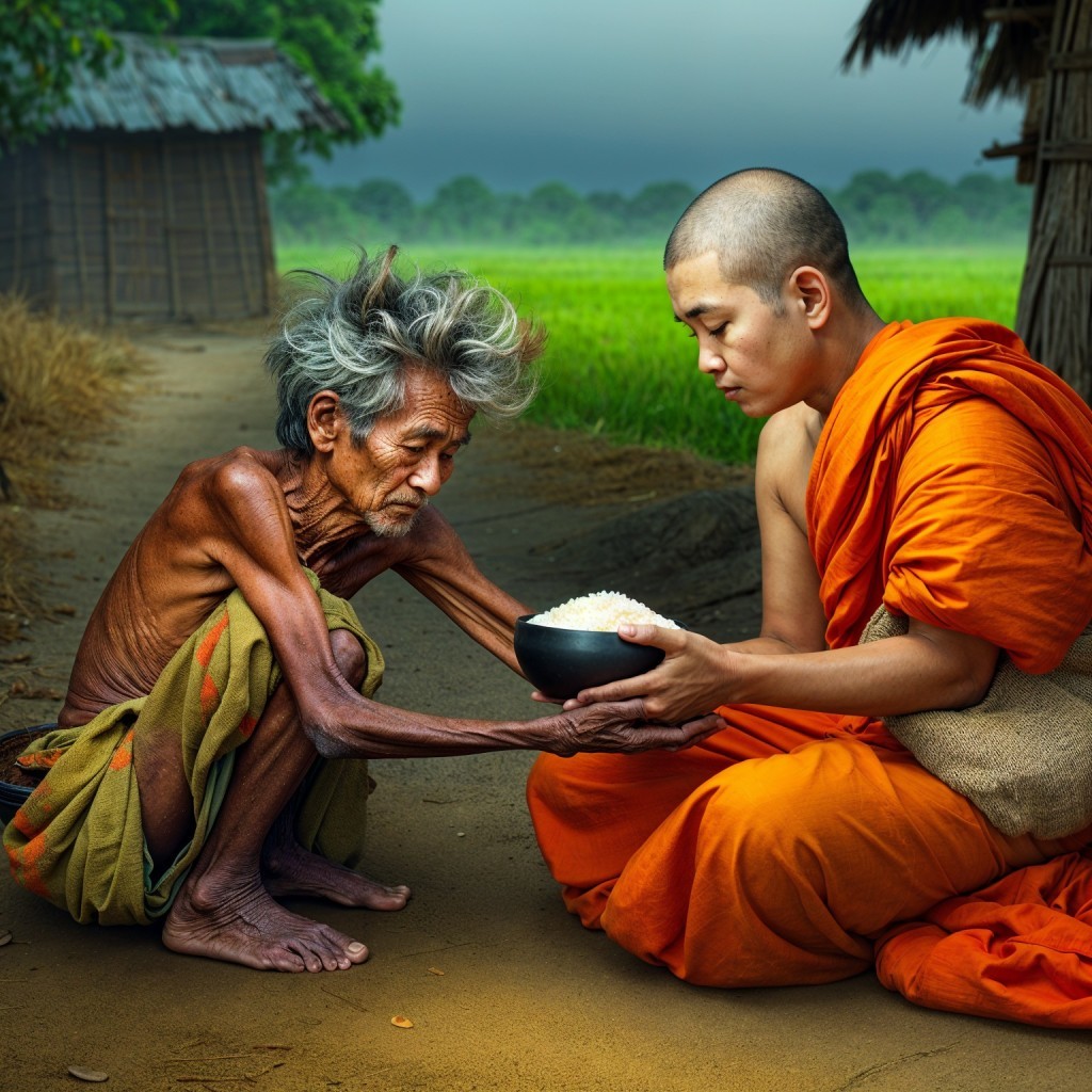 Elderly Man Receives Rice from Young Monk in Fields