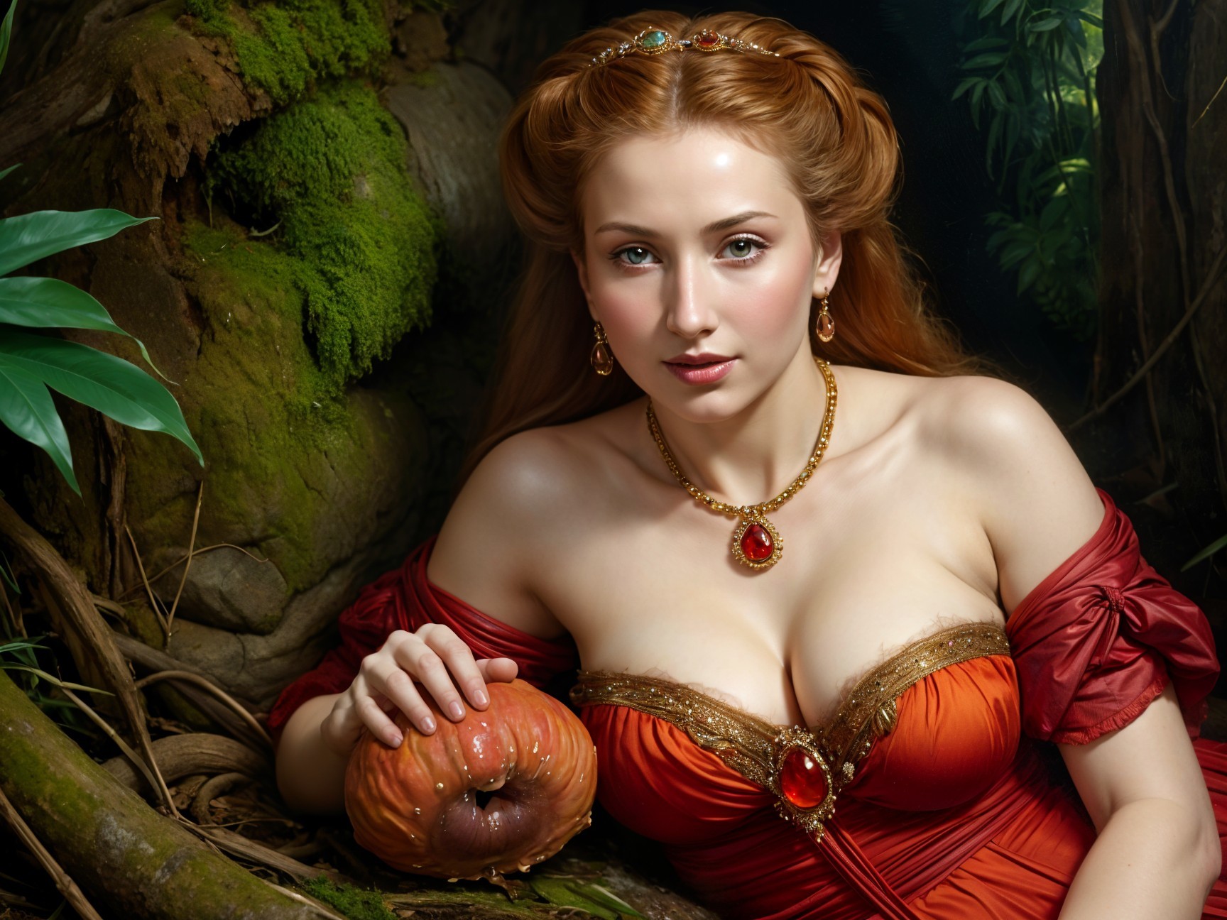 Woman in Red Gown Surrounded by Lush Greenery