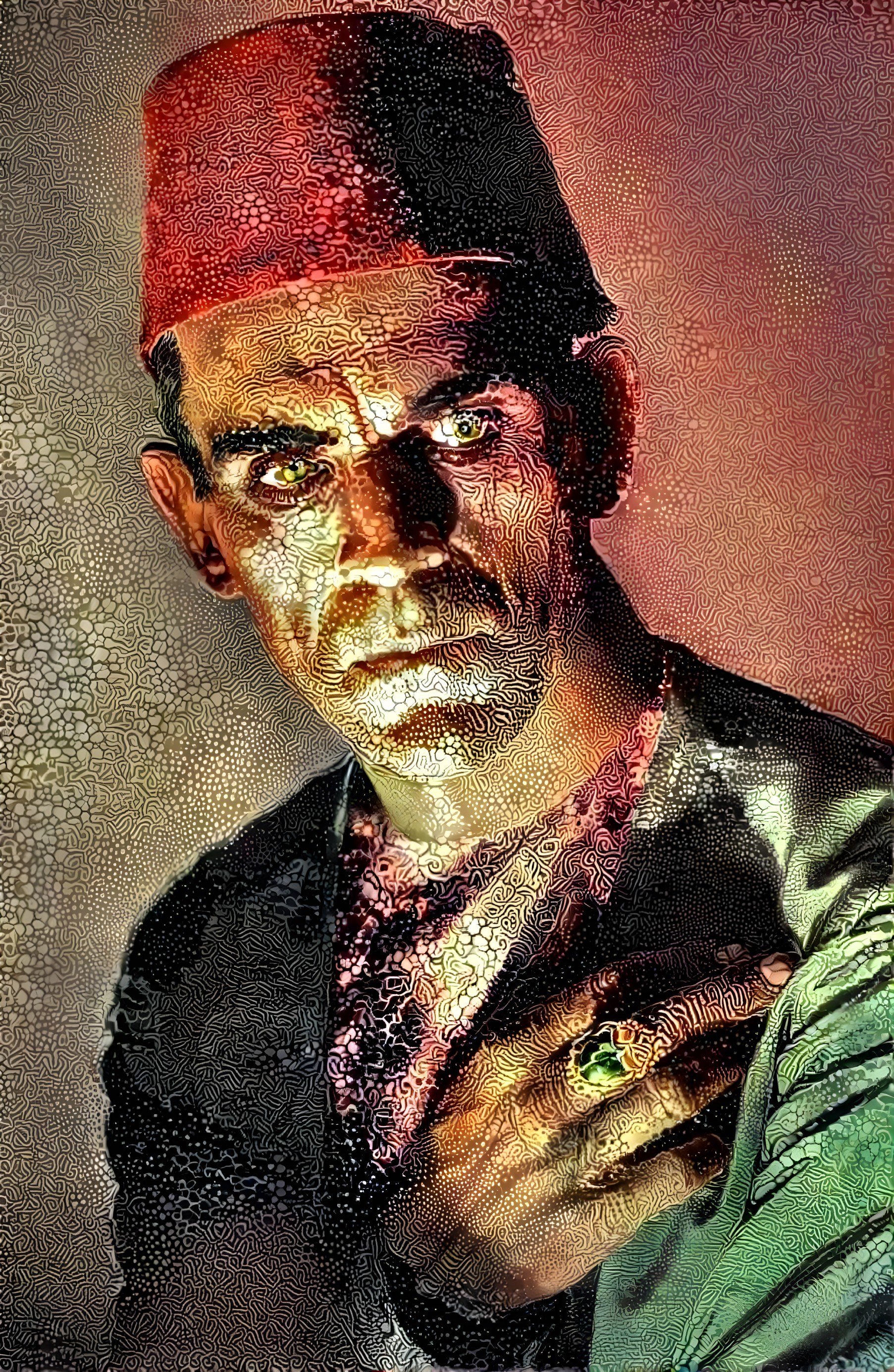 Dramatic Portrait of a Man in Traditional Fez Attire