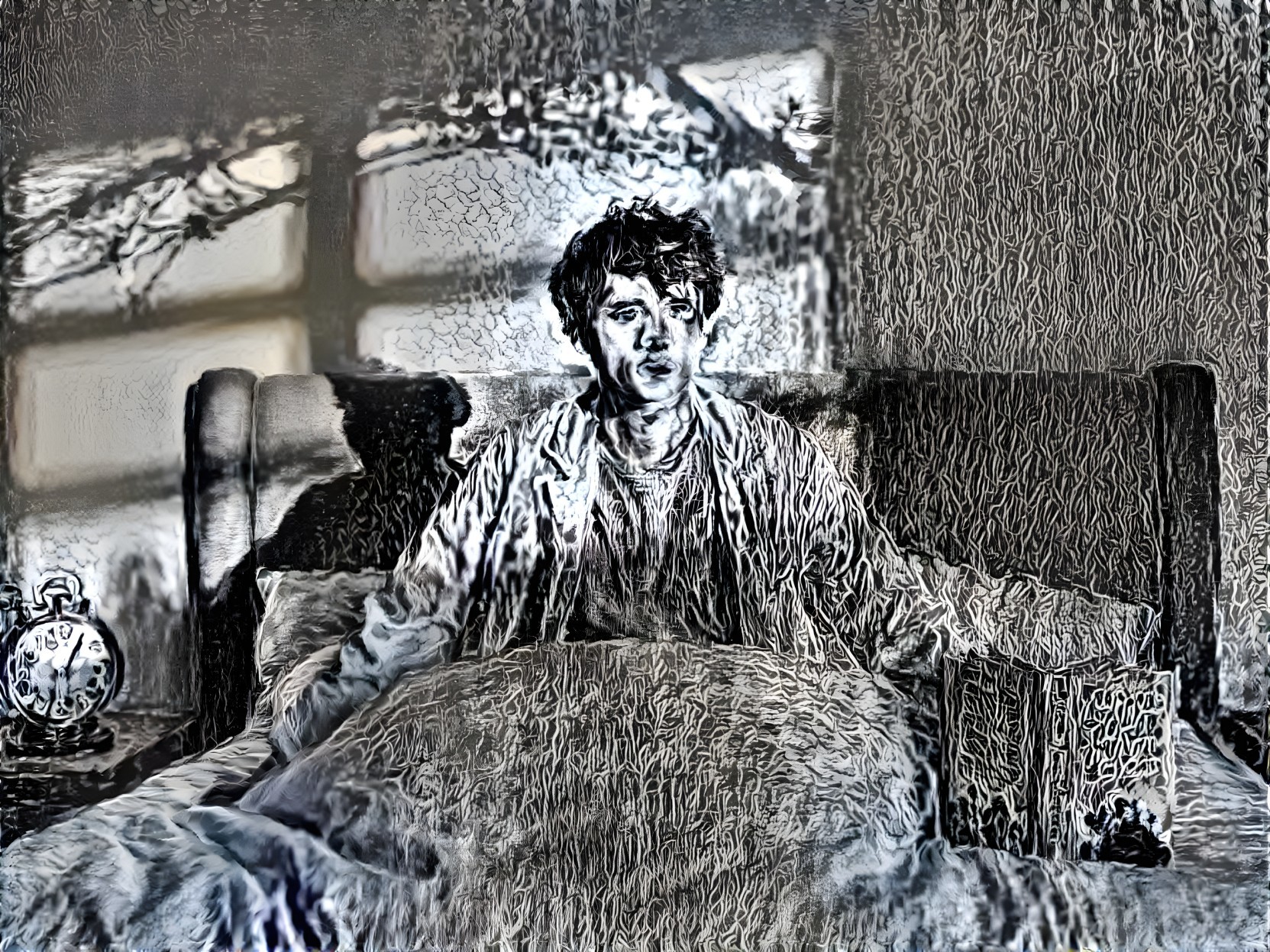 Young man in bed with contemplative expression and light.