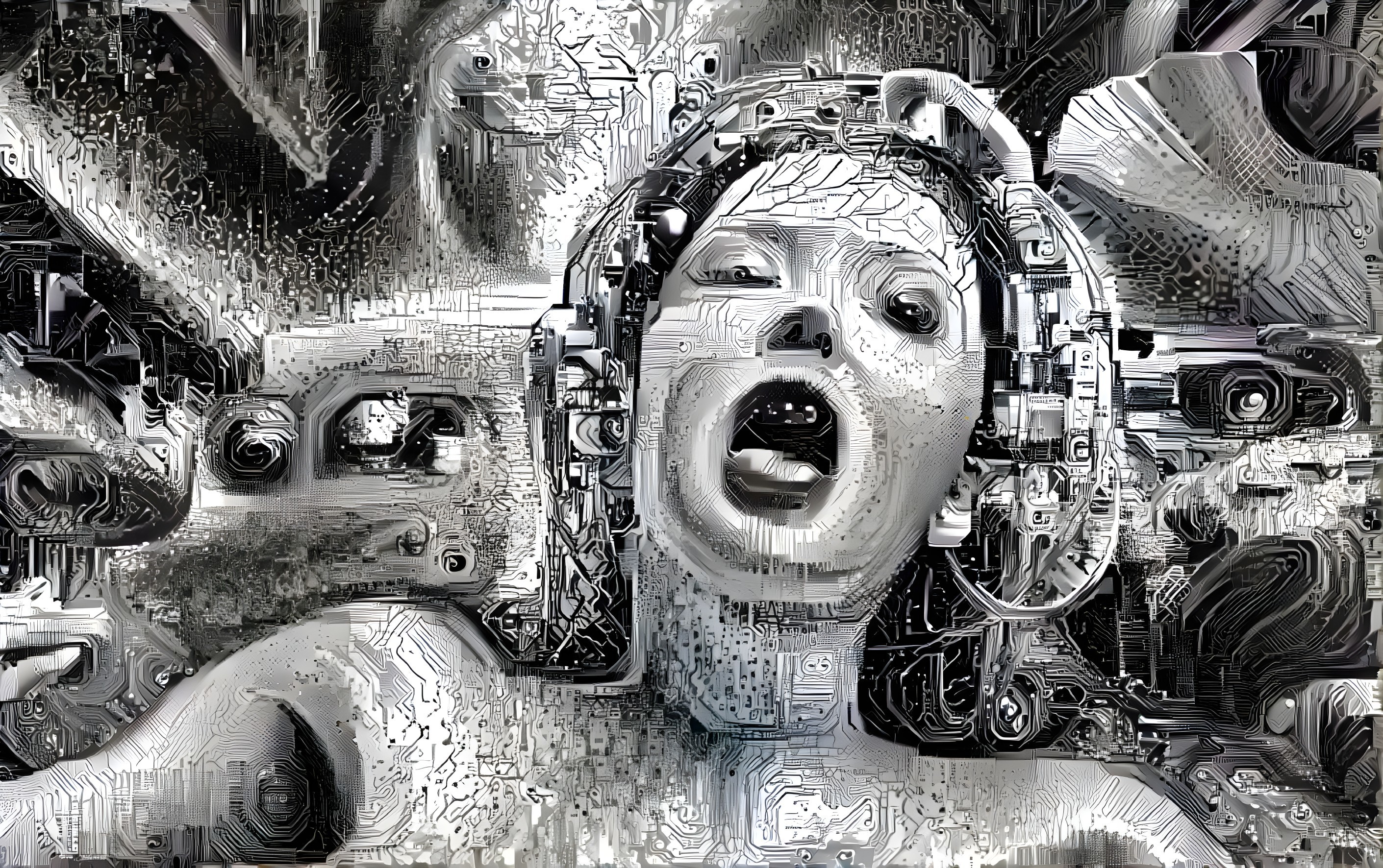 Surreal Monochromatic Portrait with Digital Aesthetic