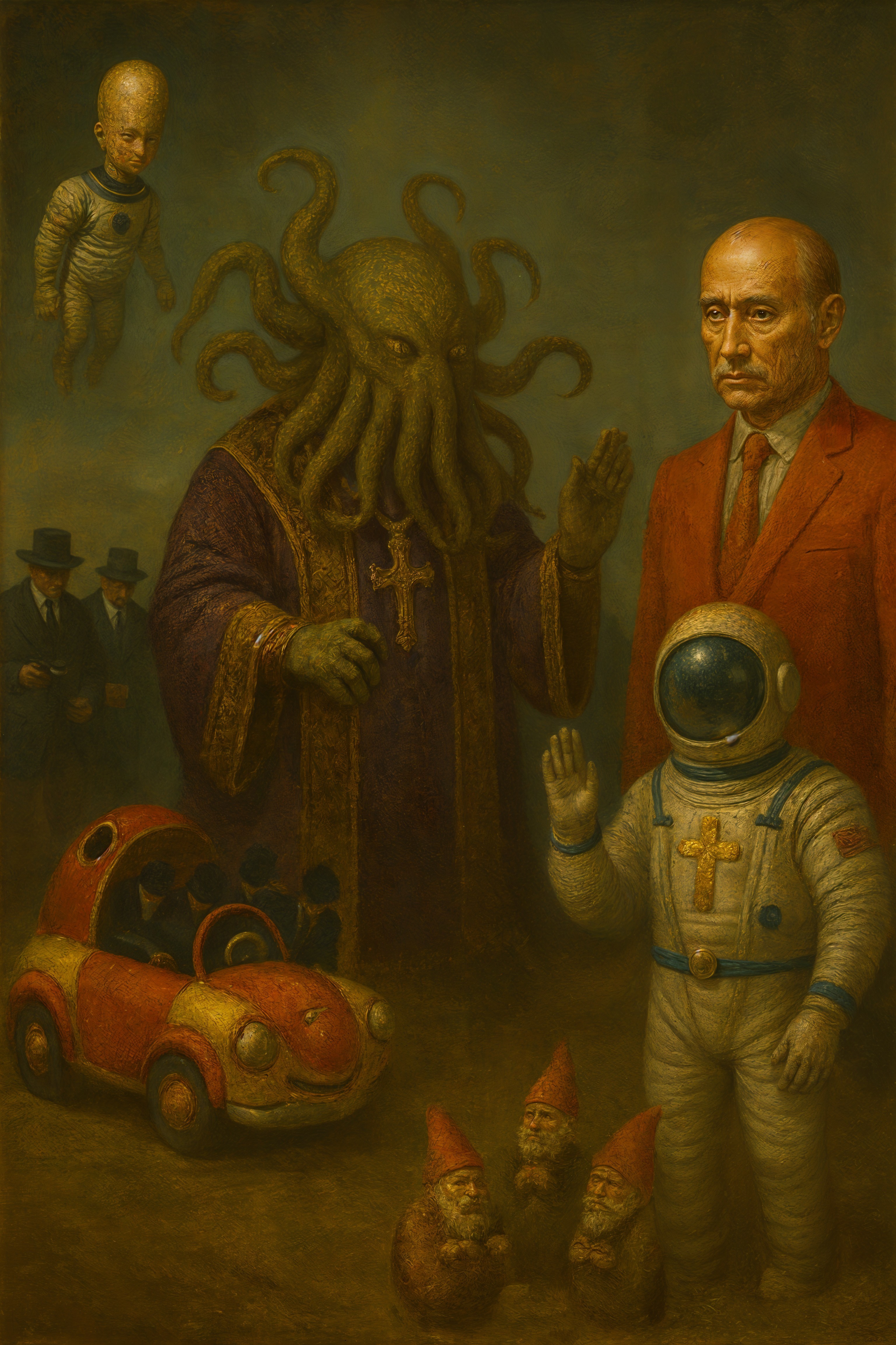 Surreal Scene with Cthulhu-like Figure and Gnomes