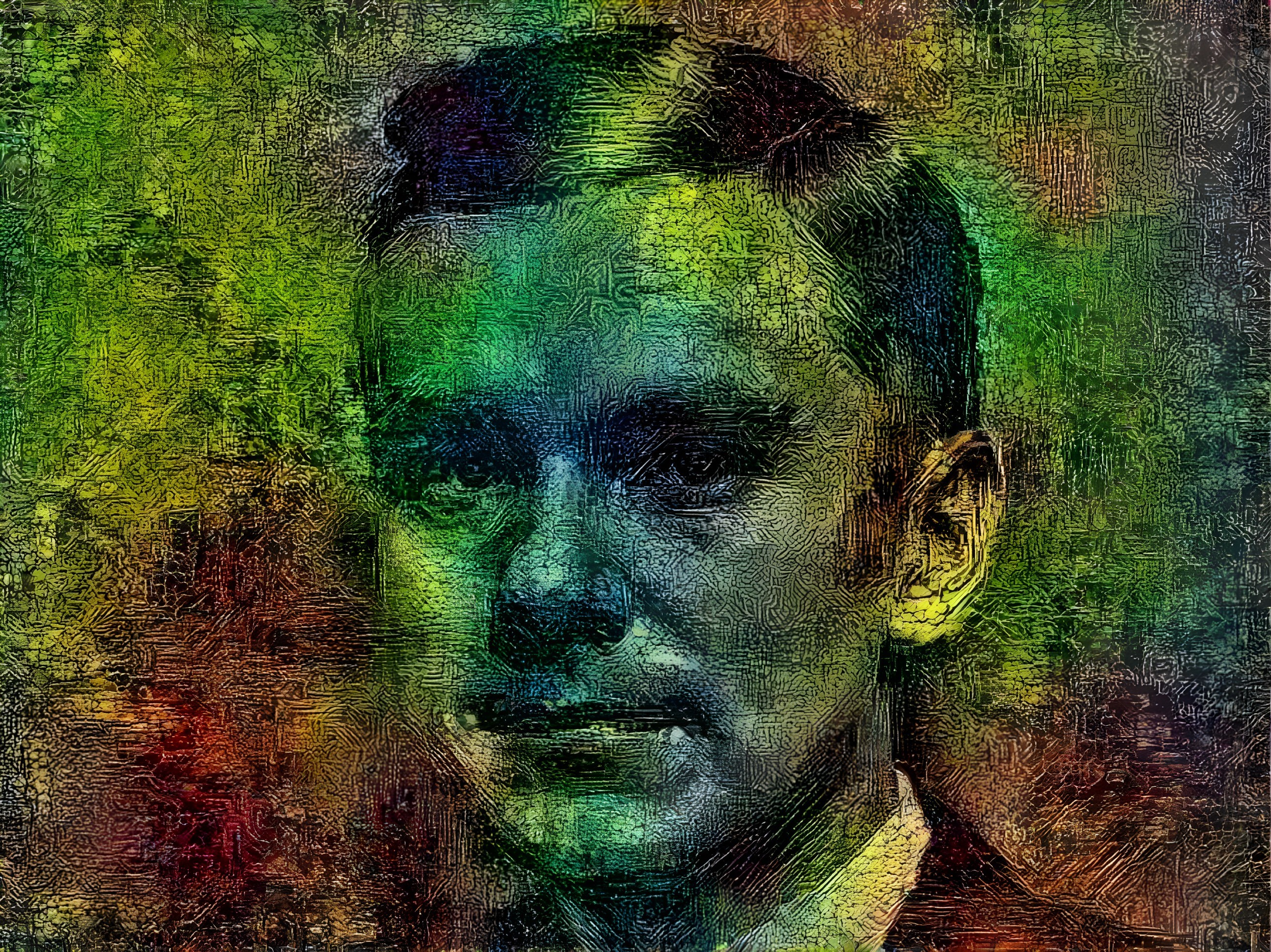 Stylized portrait of a man with vibrant colors and patterns