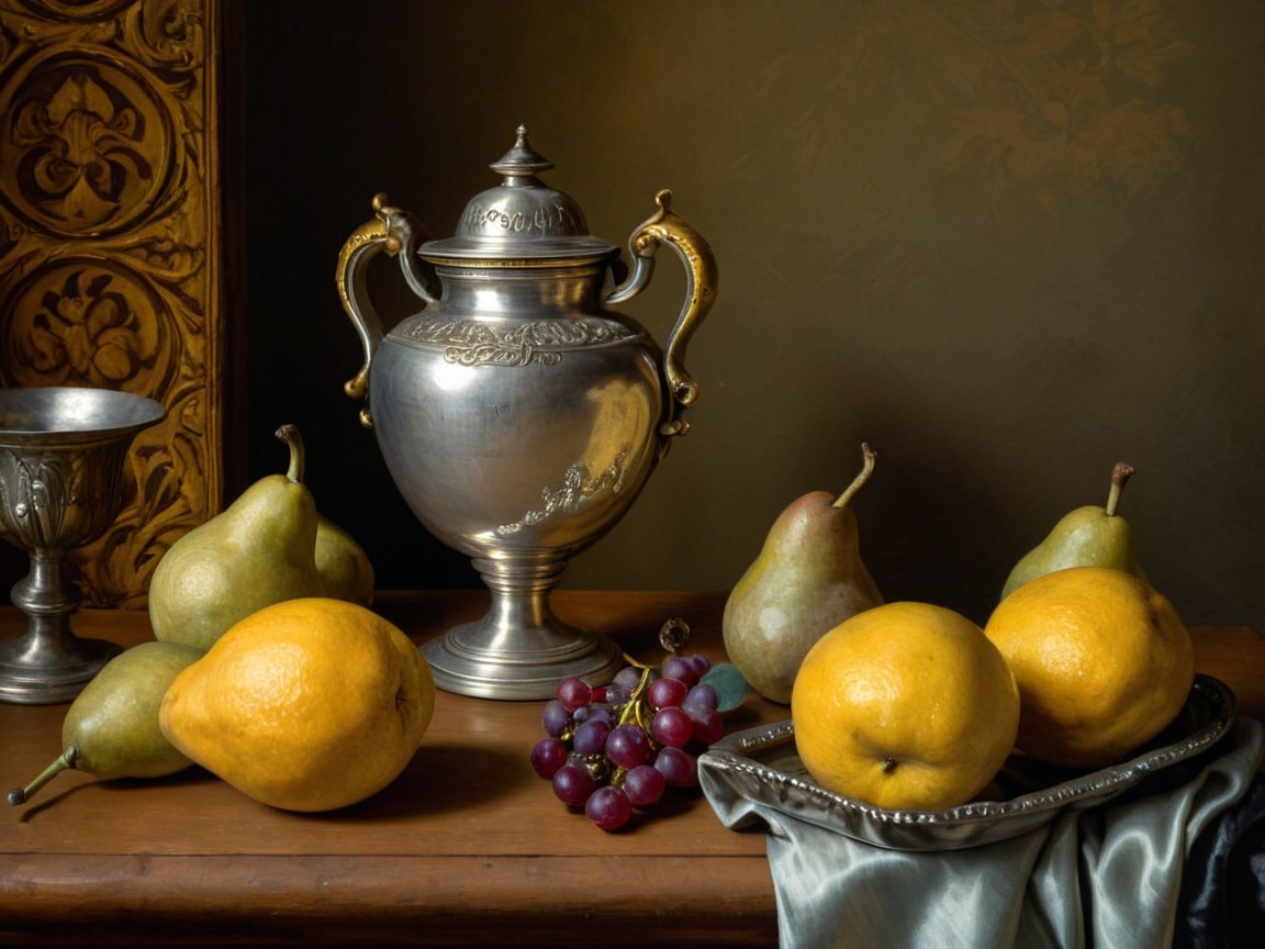 Silver Urn with Fruits on Wooden Surface Background