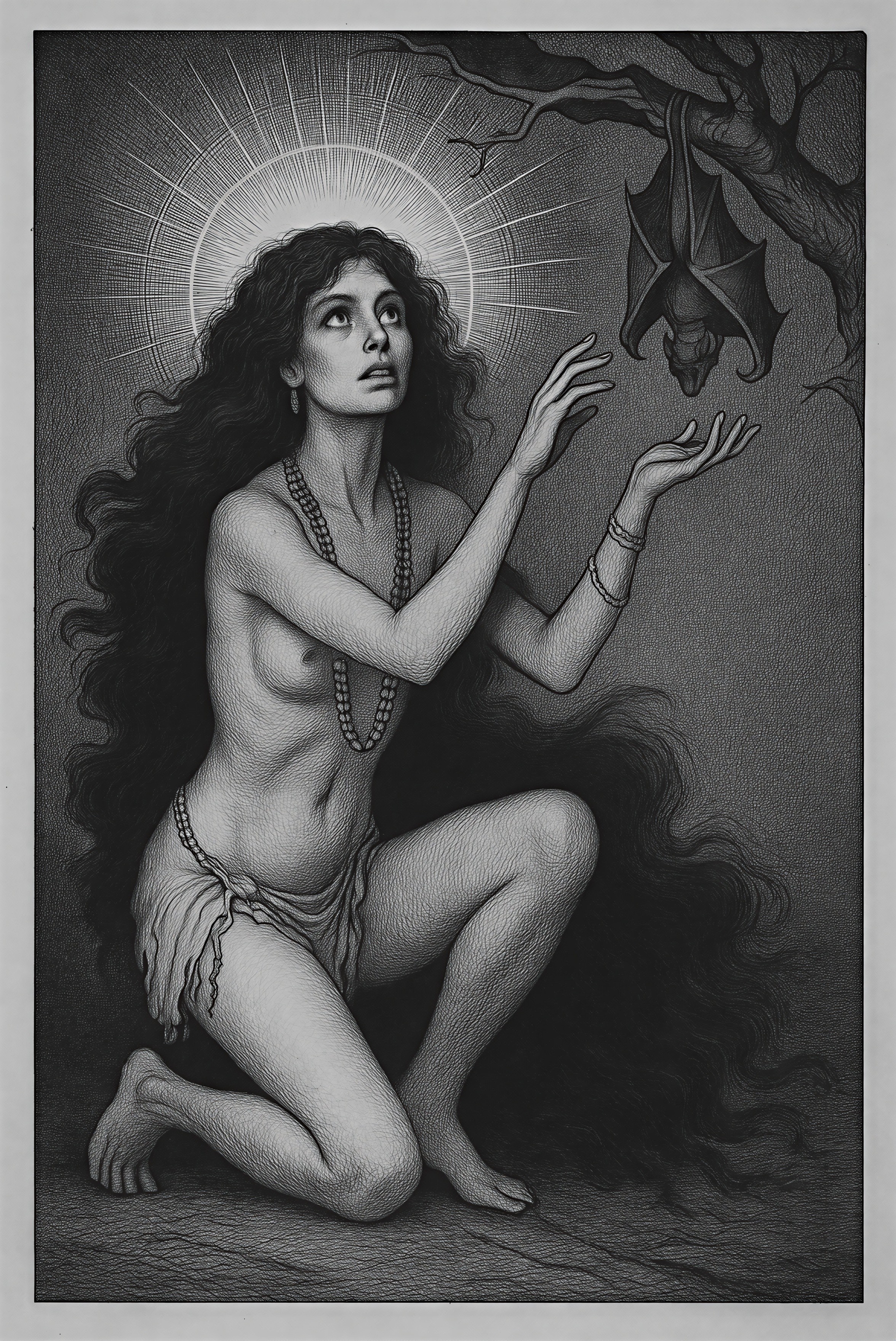 Mystical Figure in Ethereal Glow with Bat Above