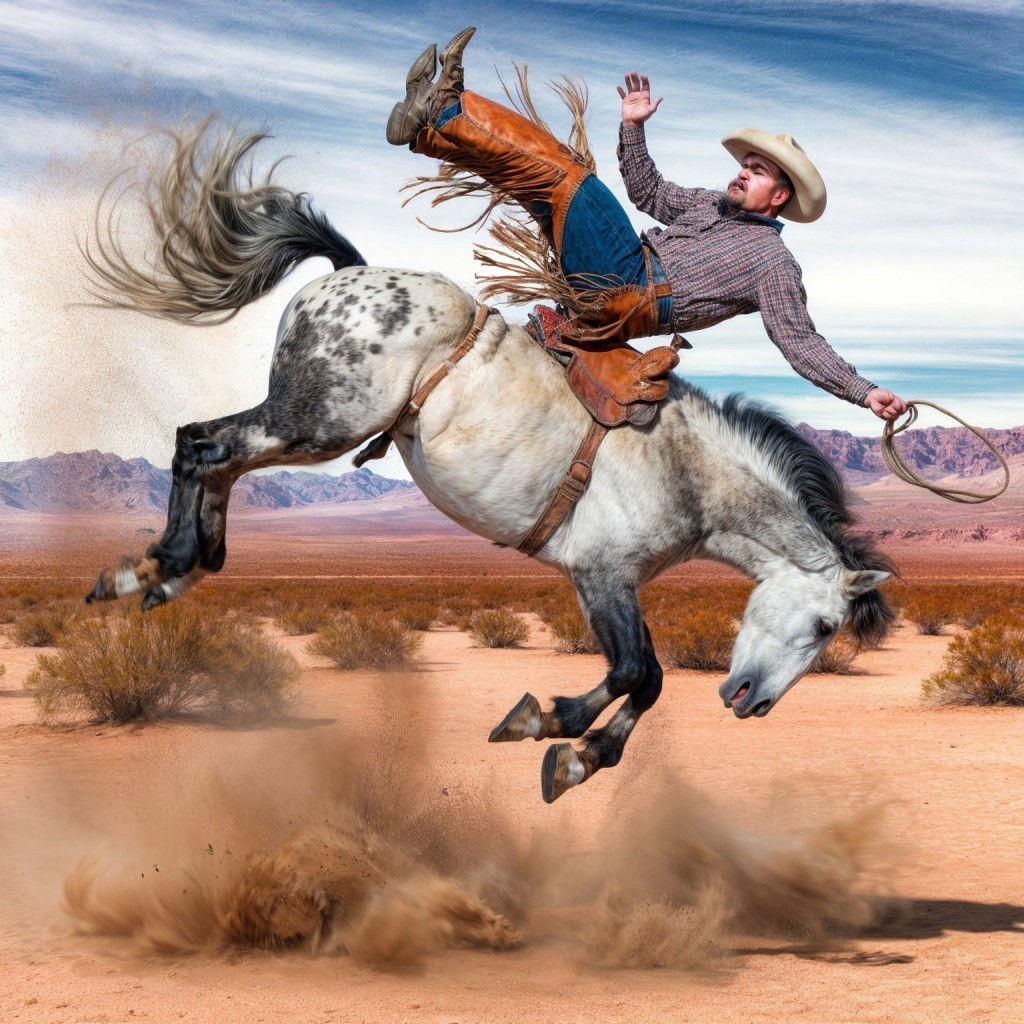 Cowboy on Gray Horse in Desert Landscape with Mountains