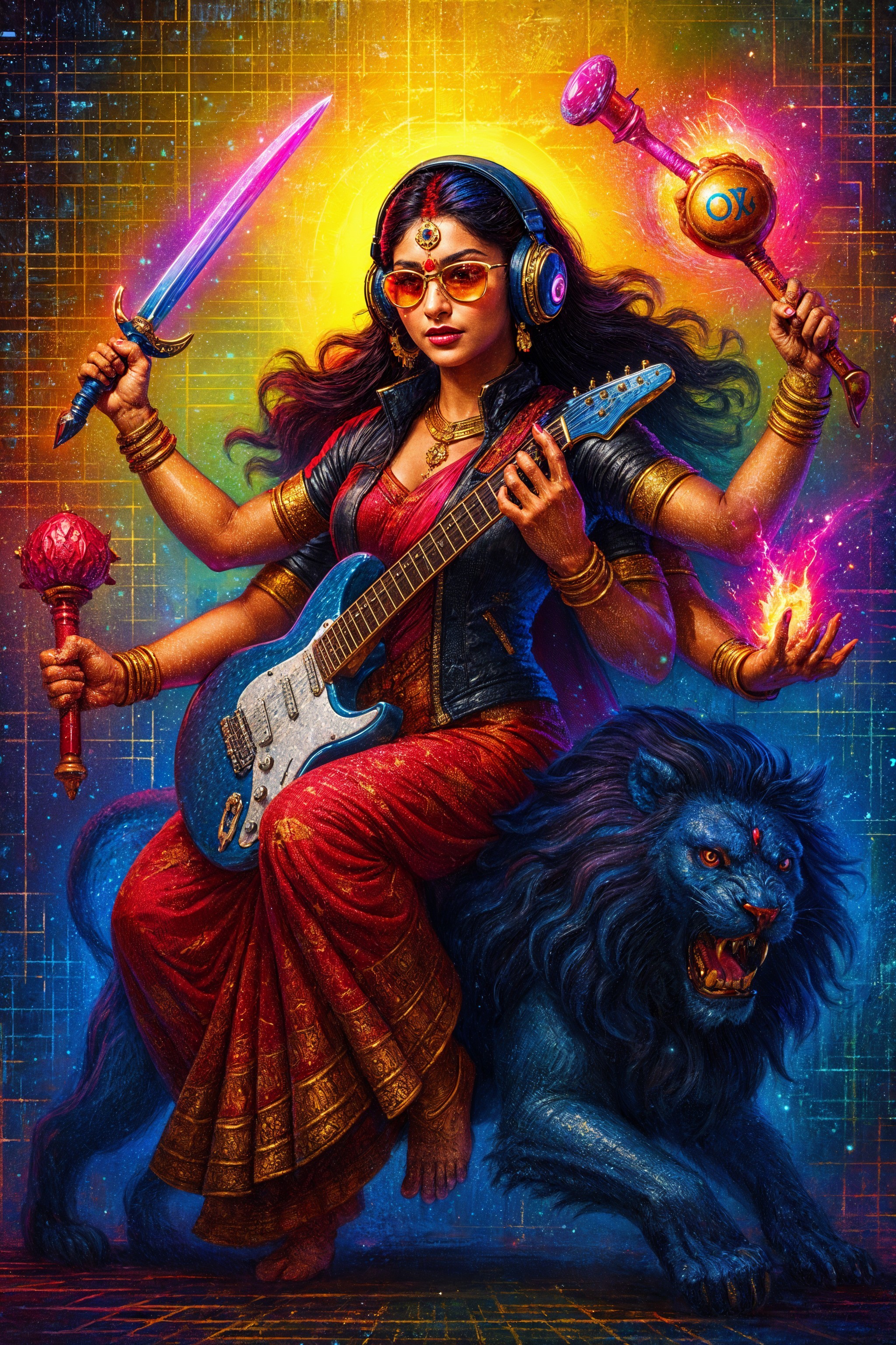 Vibrant goddess figure with guitar and lion companion