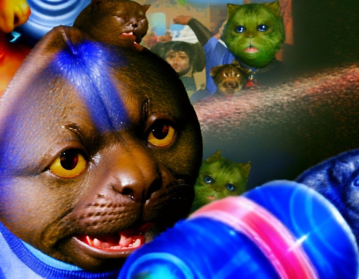 Surreal Collage of Anthropomorphic Cats in Vibrant Setting