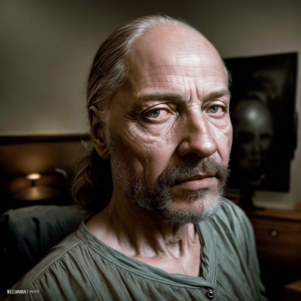 Middle-aged man with long hair in contemplative setting