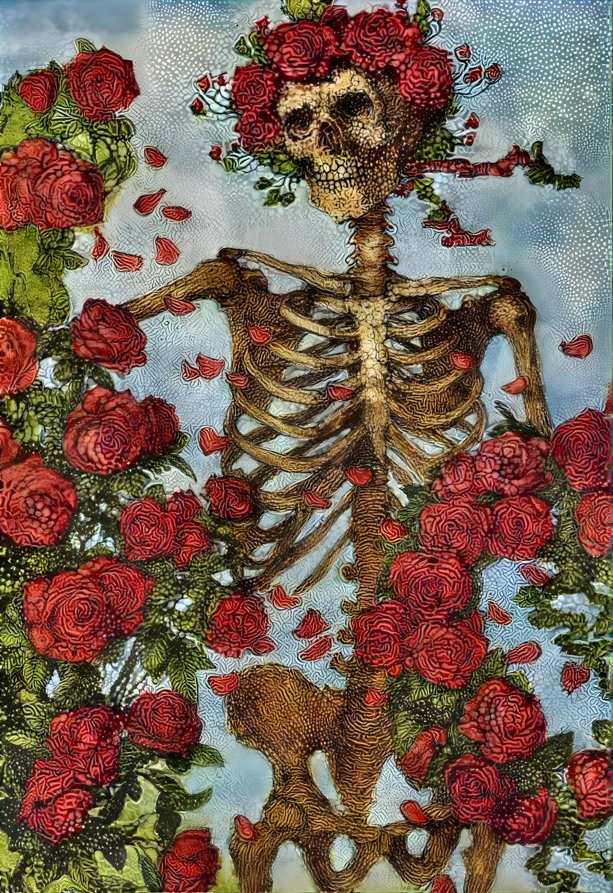 Skeletal Figure Surrounded by Roses in Serene Setting