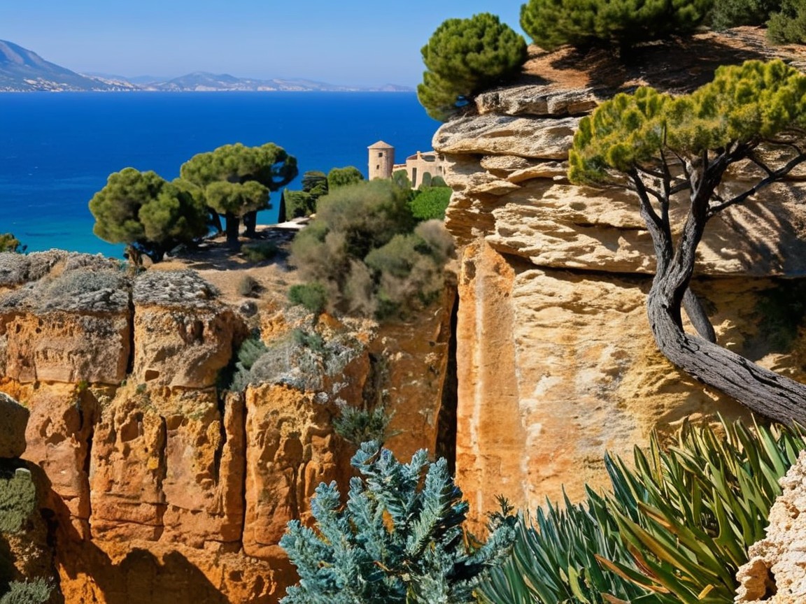 Mediterranean Coastal Scene with Rocky Cliff and Pines