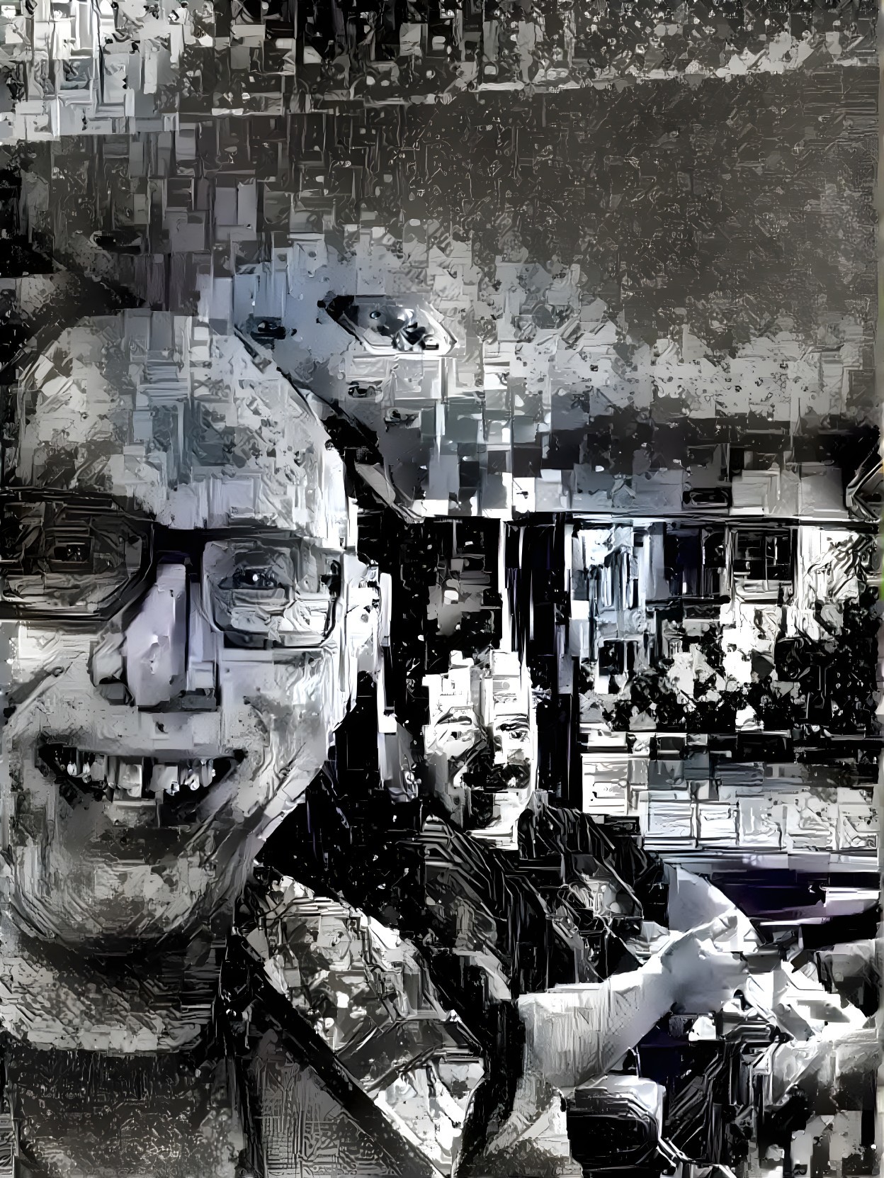 Abstract Grayscale Car Scene with Joyful Individuals