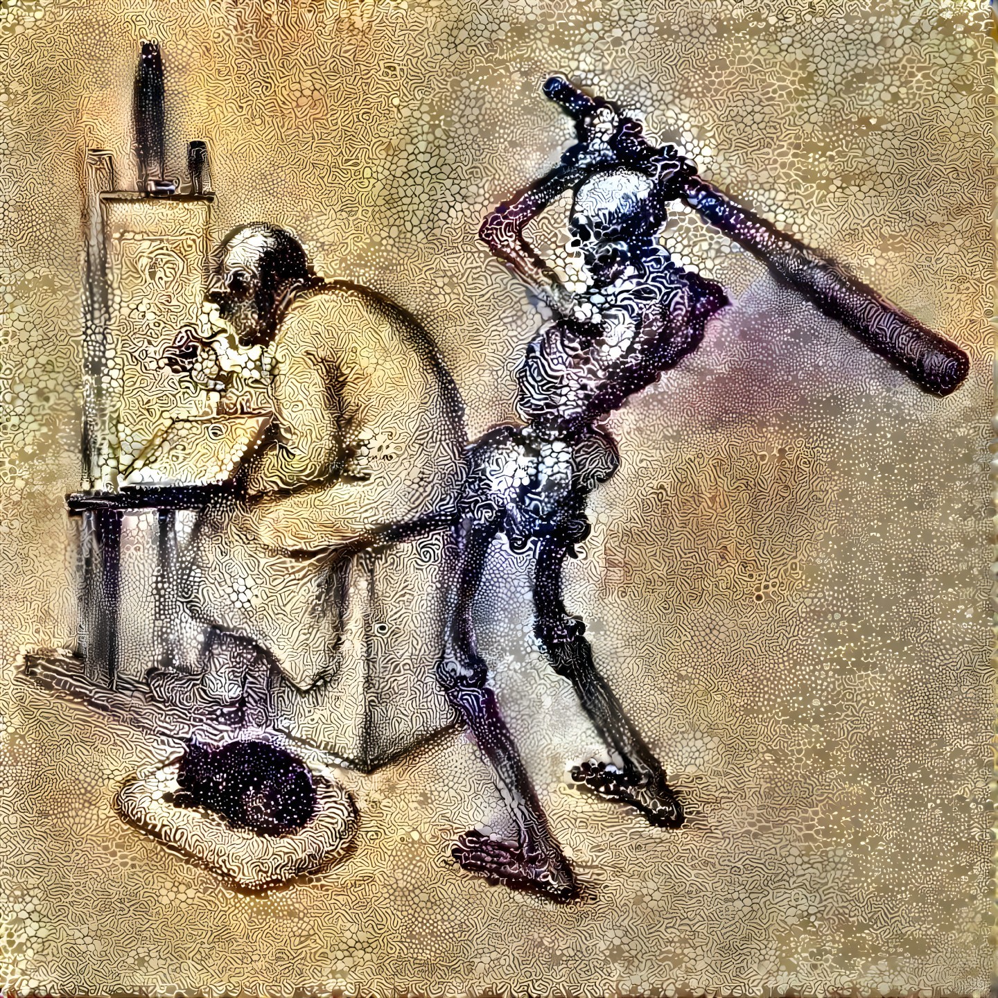 Surreal Scene of Skeleton and Artist at Easel