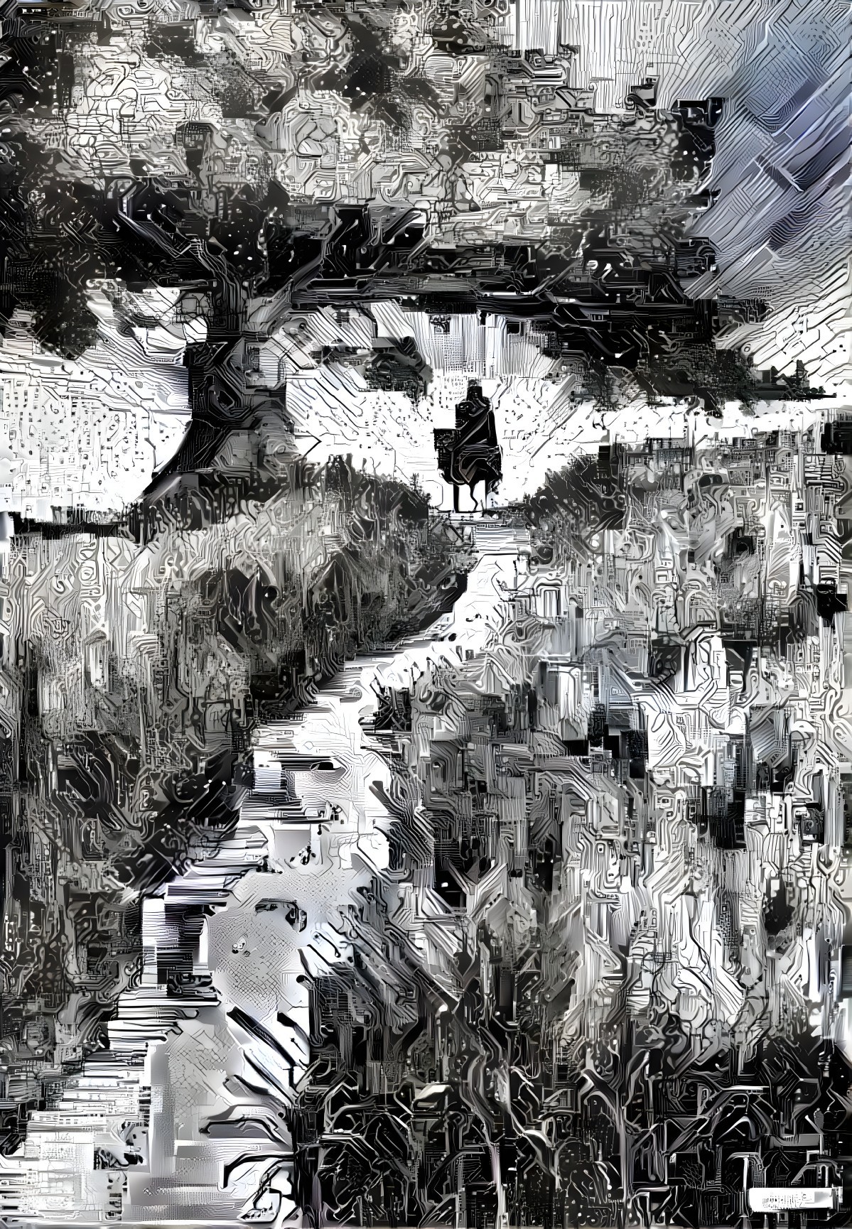 Surreal Landscape with Abstract Pathway and Cloaked Figure
