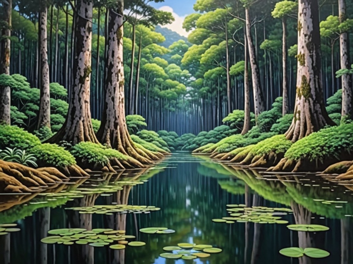 Serene Forest Landscape with Calm River and Lily Pads