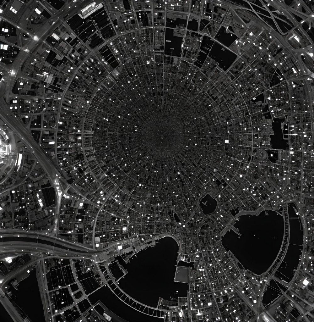 Aerial View of Circular Urban Layout at Night
