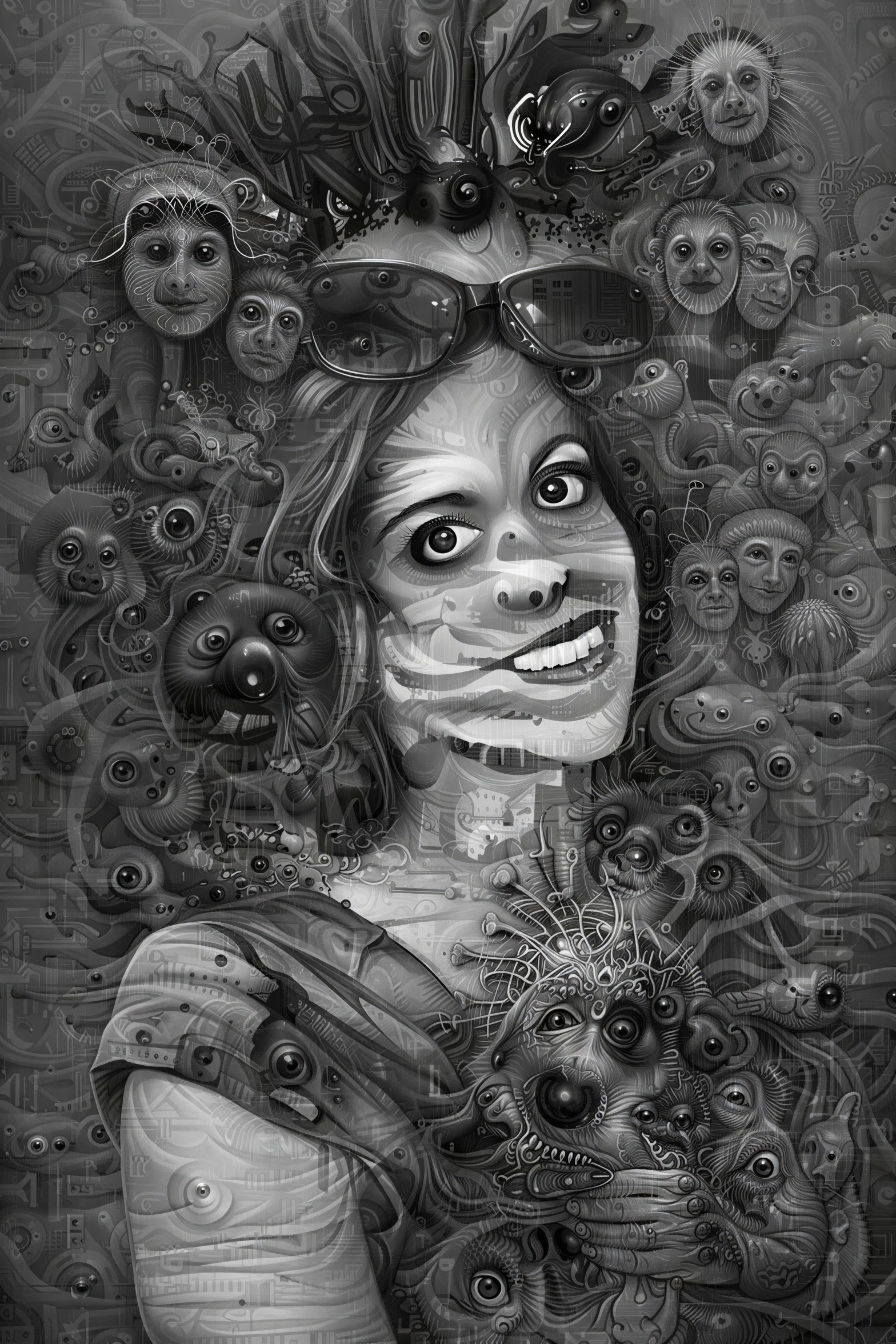 Intricate Black and White Illustration of a Woman and Creatures