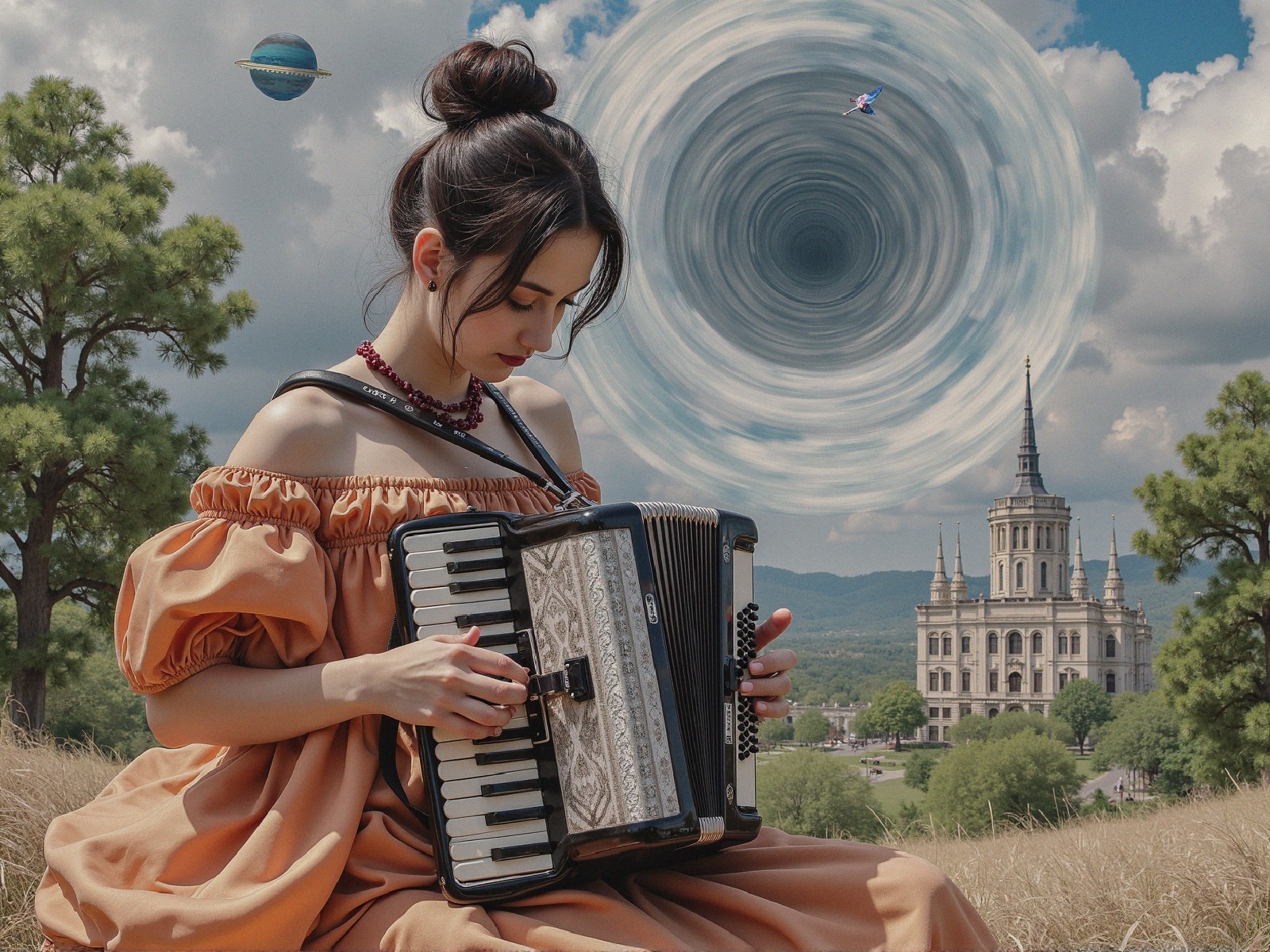 Surreal Outdoor Scene with Young Woman Playing Accordion