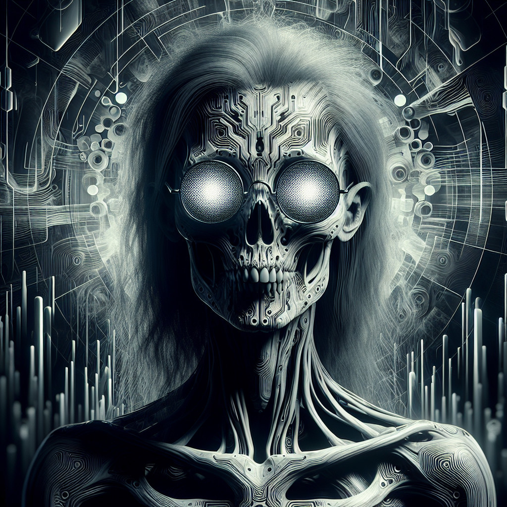 Futuristic Skeletal Figure with Circuit Patterns and Glasses