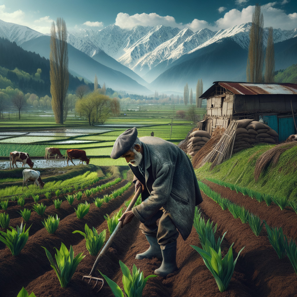 Old Man Raking Dirt in Serene Mountain Village