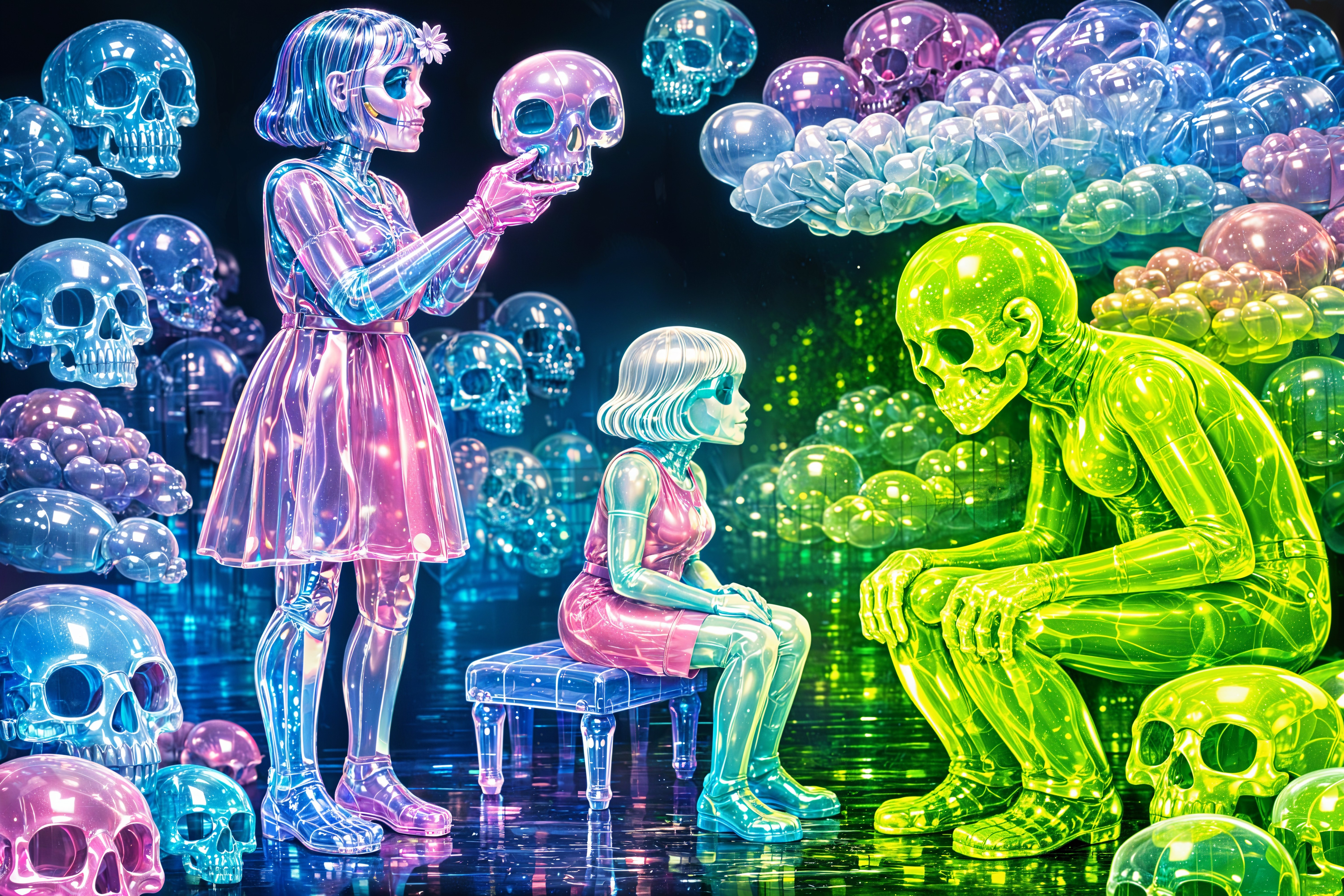 Surreal Digital Illustration of Translucent Skeleton Figures
