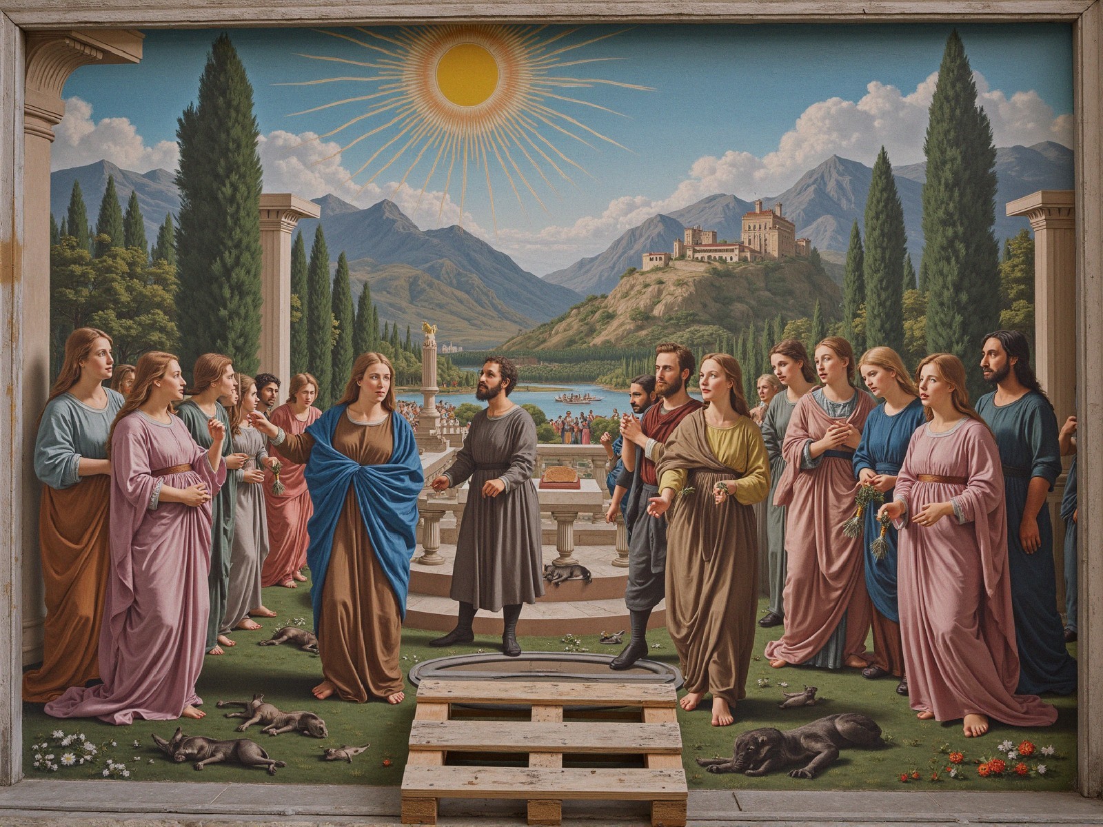 Grand mural of serene landscape with castle and figures