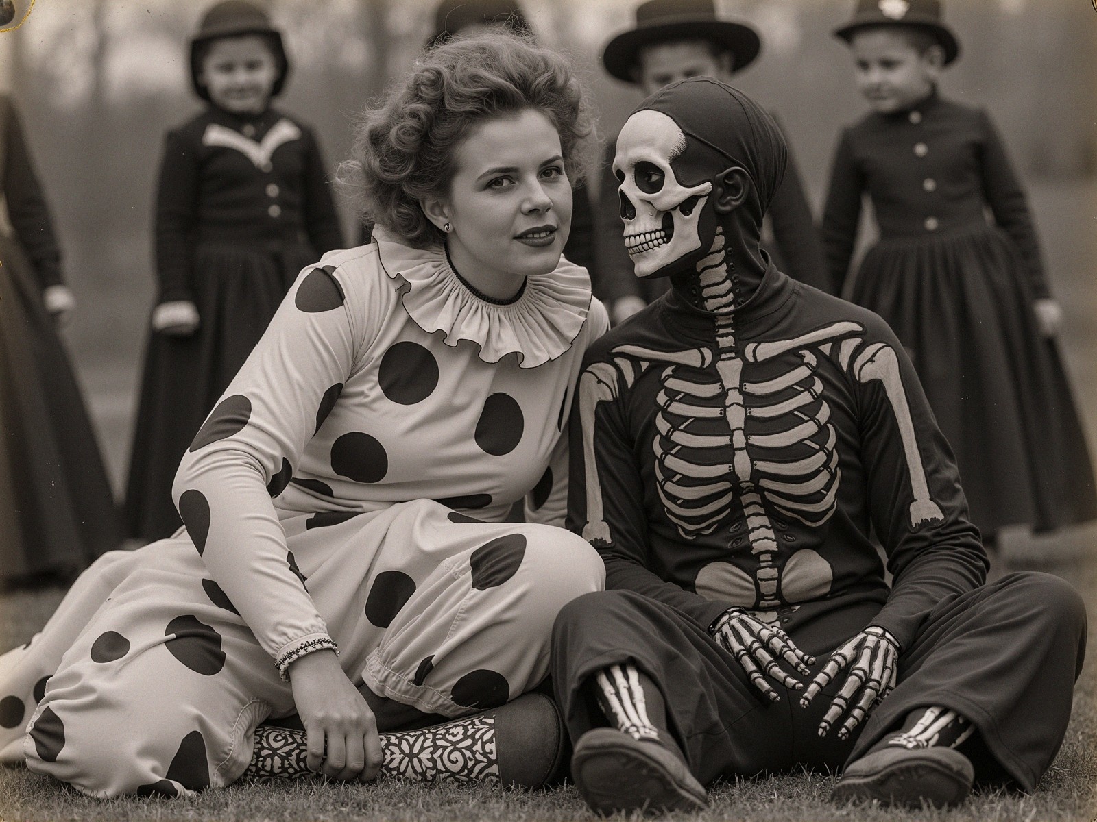 Vintage Black-and-White Scene of Clown and Skeleton