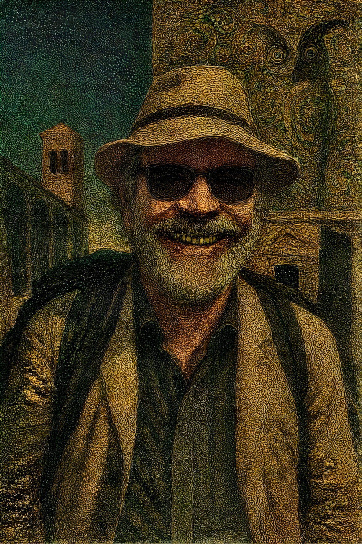 Smiling Man in Hat and Sunglasses Against Textured Backdrop