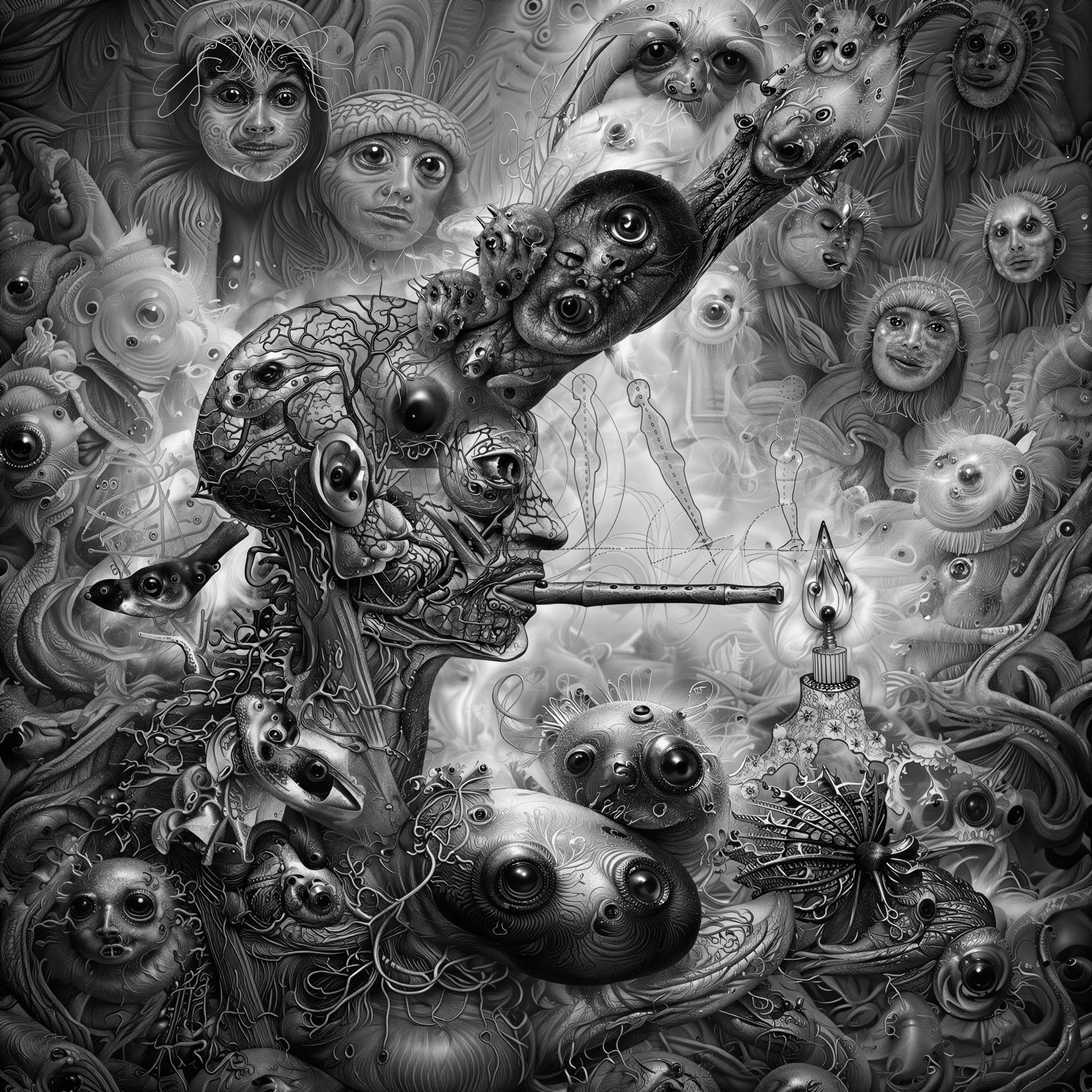Grey-scale surreal art featuring a detailed human-like head