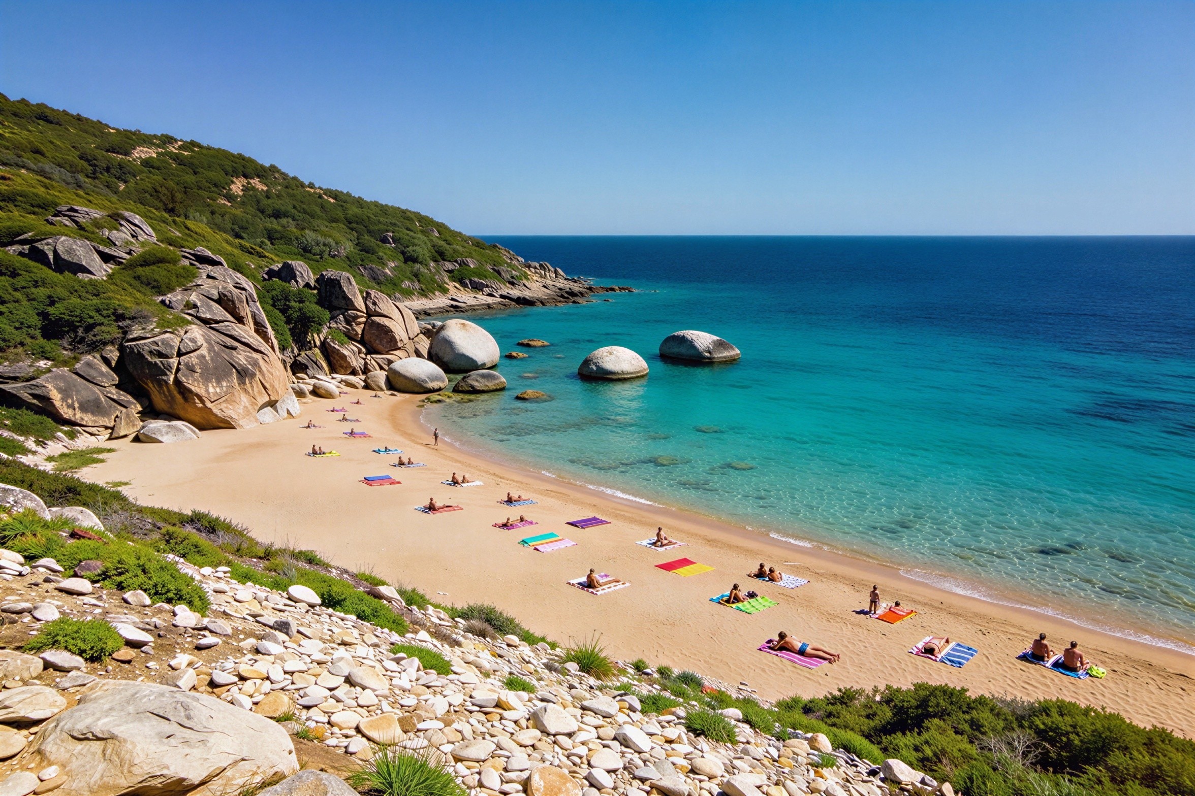 Aerial View of Sandy Beach with Rocky Hills and Sunbathers