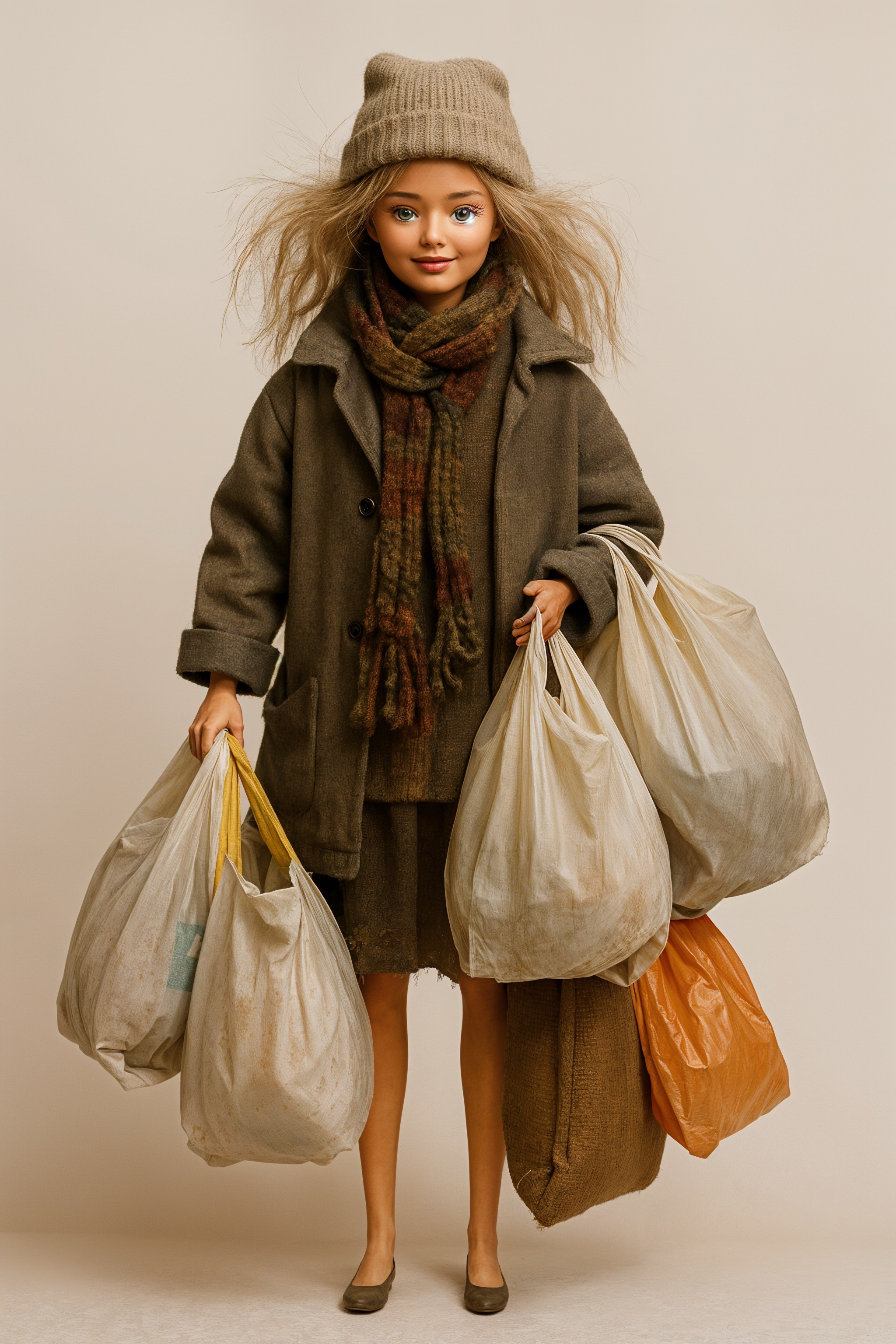 Stylized doll in cozy outfit with plastic bags
