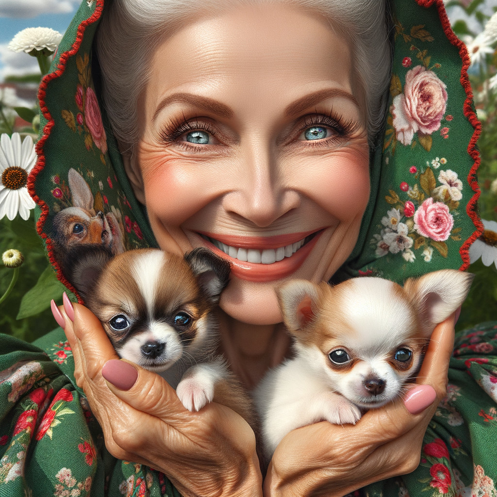 Older Woman with Chihuahuas in a Daisy Field