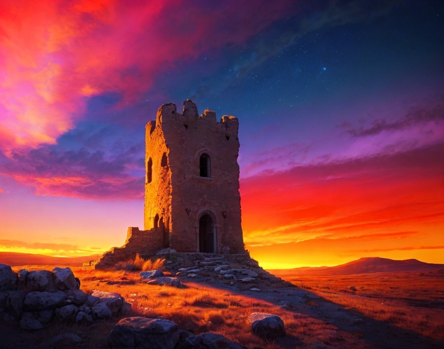 Stone Tower Against a Vibrant Sunset Sky