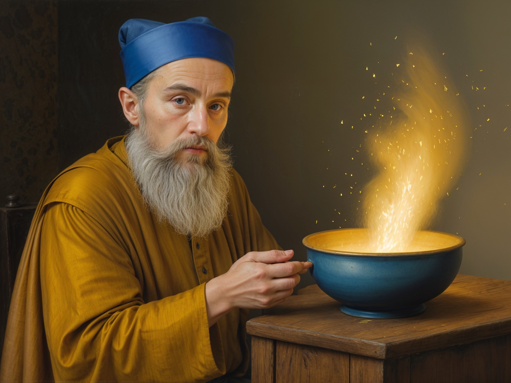 Wise Man with Beard at Table and Magical Bowl