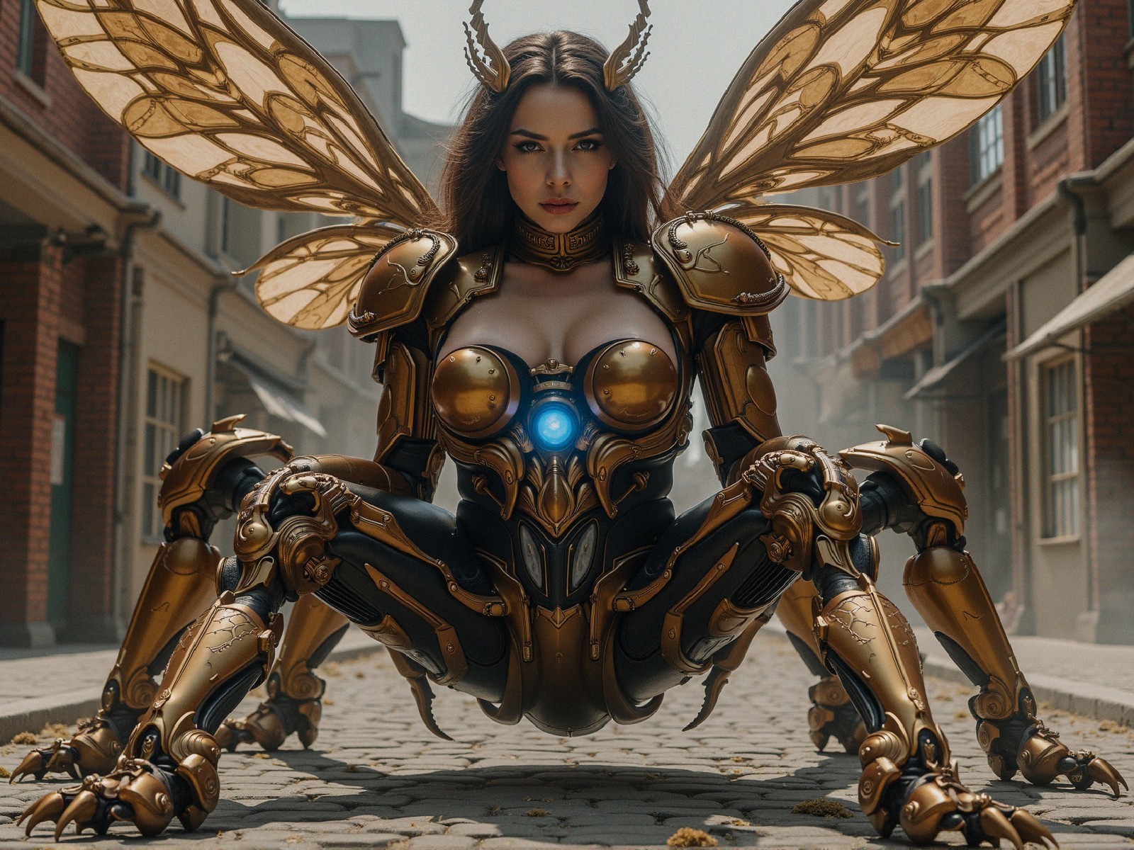 Woman in Golden Mechanical Suit with Insect Wings