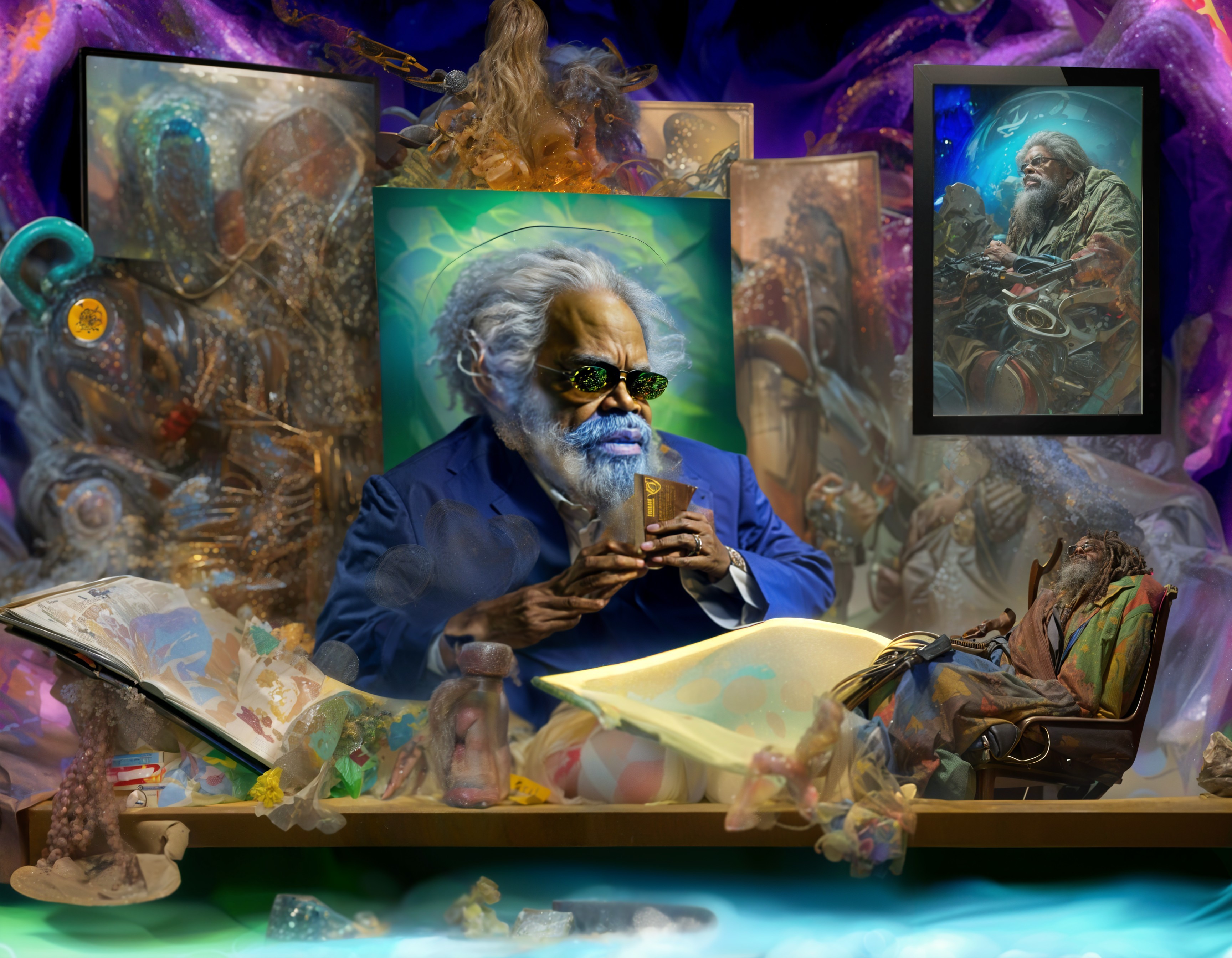 Wise Old Man Surrounded by Surreal Elements and Artifacts