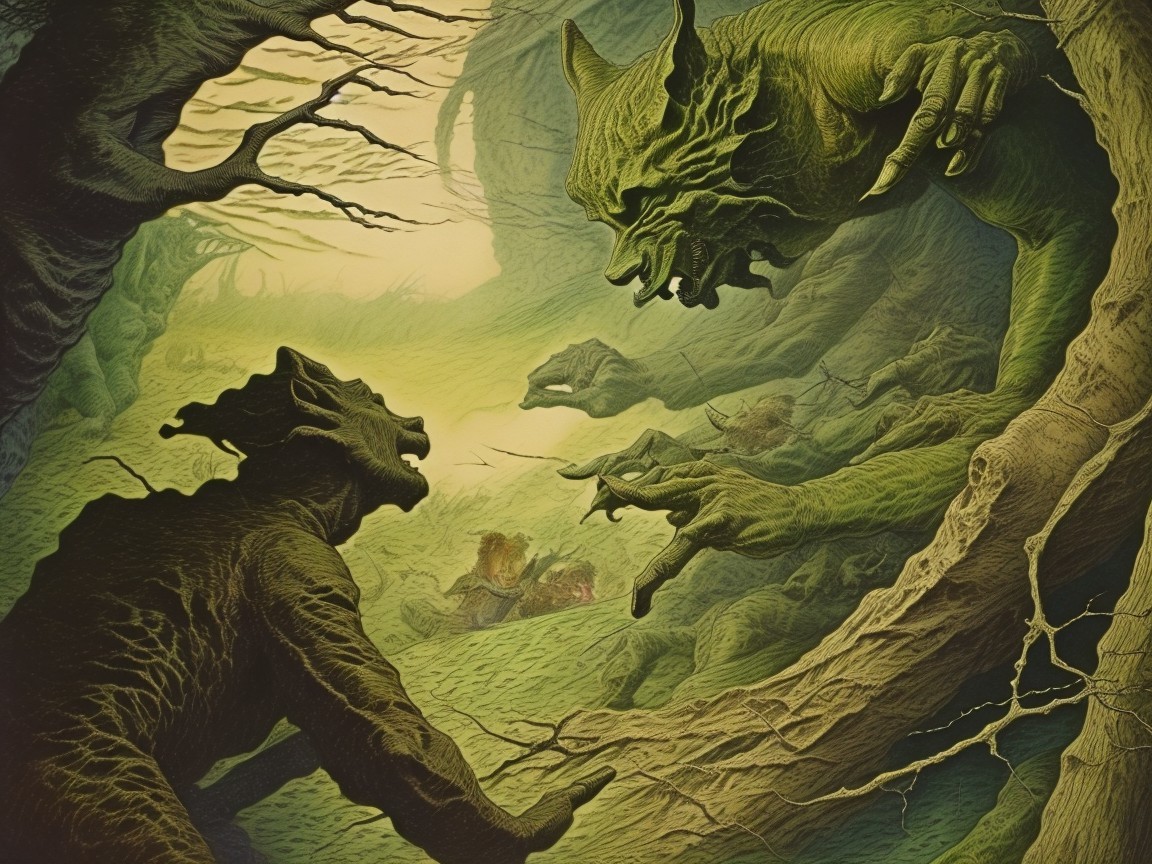 Surreal Forest Scene with Eerie Green Creatures